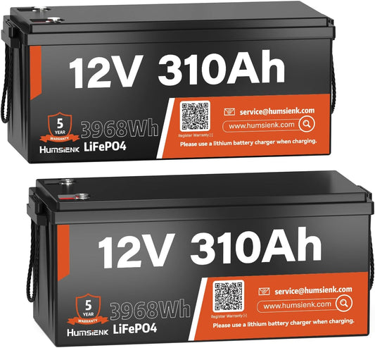 12V 310Ah LiFePO4 Lithium Battery 2PCS– Max. 3968Wh, 15000+ Deep Cycle Battery with 100A BMS, Low-Temp Cutoff | A+ Grade Cells for Marine, Trolling Motor, Off-Grid Home Energy Storage, Van Life