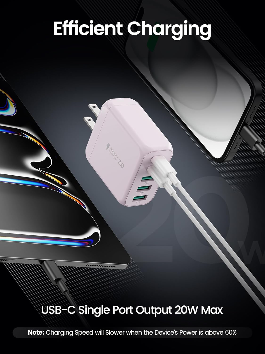 2-Pack Type C Fast Charging, 50W 5-Port USB Wall Charger Cube for iPhone 16 15 14 13 12 11 Pro Max XS, iPad, Samsung & More - Pink