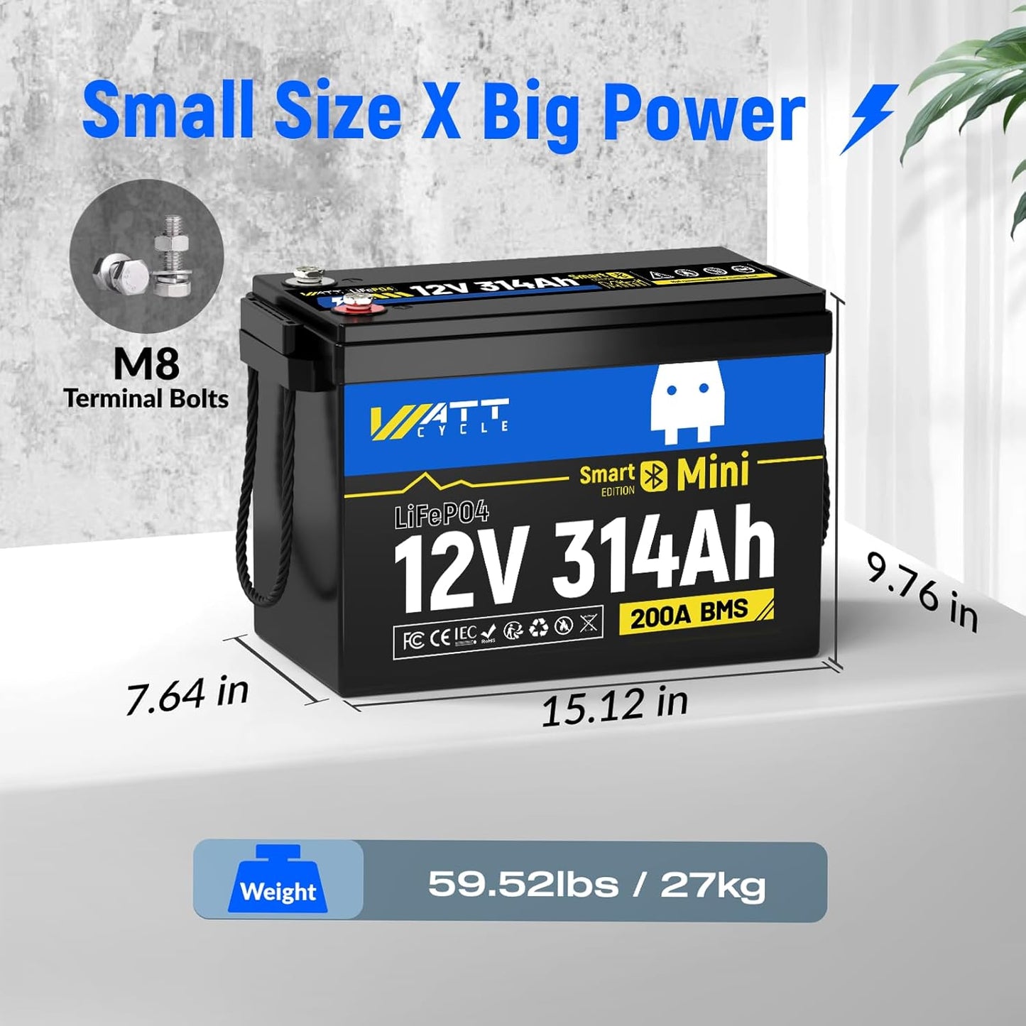 Mini LiFePO4 Lithium Battery 12V 314Ah 2 Pack Built-in 200A BMS & Bluetooth, 4.01kWh Energy, Perfect for Off-Grid, RV, Solar System, Camper, Travel Trailer