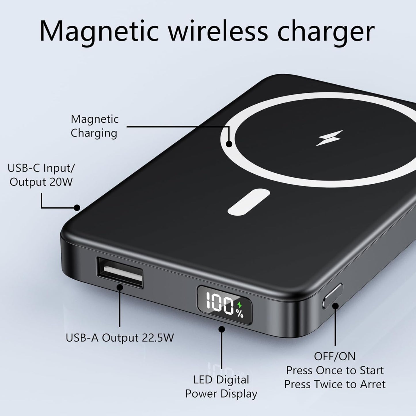 YUJE for Magsafe Battery Pack Magnetic Power Bank 10000mAh, Wireless Portable Charger with Foldable Stand Dual USB-C & USB-A Port Fast Charging Compatible with iPhone 16/15/14/13/12 Pro/Max/Plus