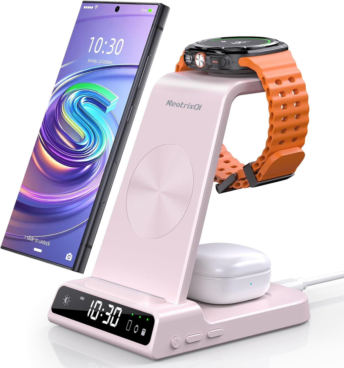 Wireless Charger for Samsung Charging Station, 3 in 1 Android Phone Charger for Samsung Galaxy S25 Ultra/S24 Ultra/S23/Z Fold7/Flip7, Galaxy Watch 8/8 Classic/Ultra/7/6/5, Galaxy Buds 3 Pro/3(Pink)