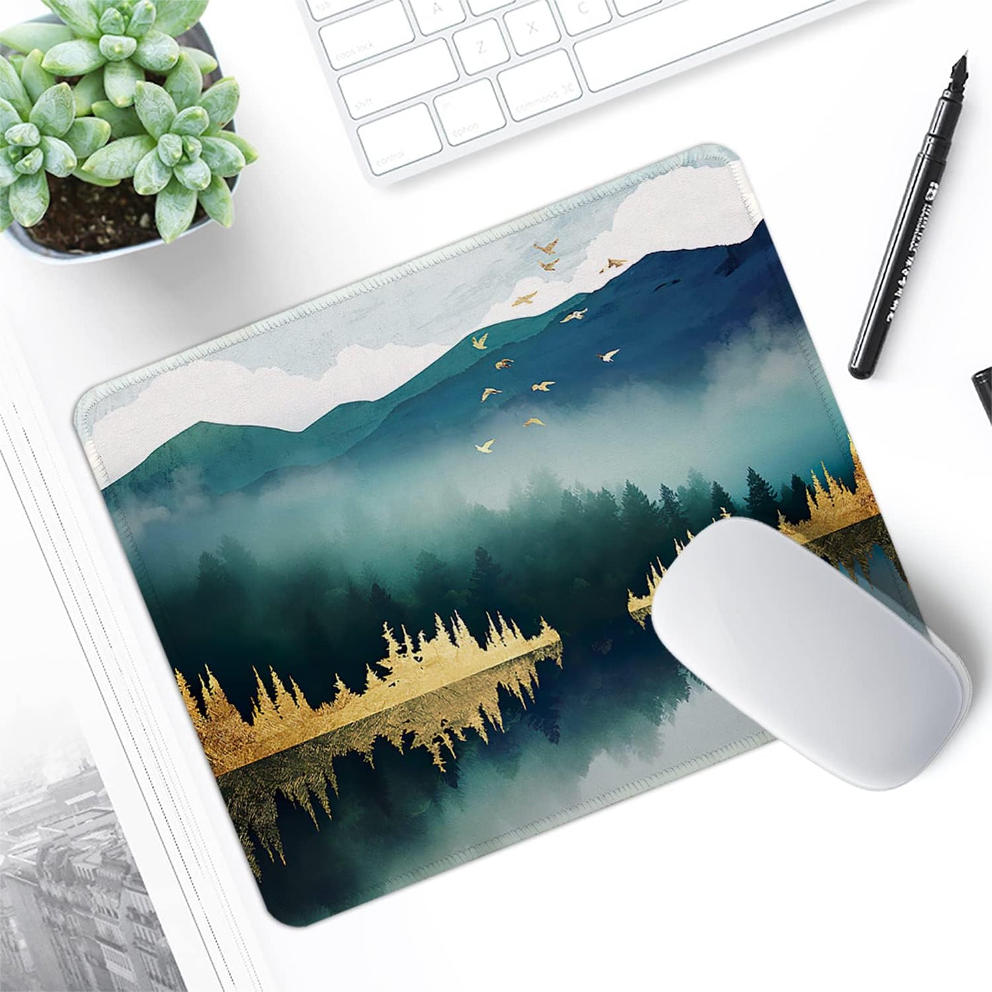ITNRSIIET Mouse Pad with Stitched Edge Premium Textured Smooth Precise Operation Waterproof Washable Non-Slip Rubber Base Desktop Protection Mat, 10.2×8.3×0.12 inches, Landscape Forest