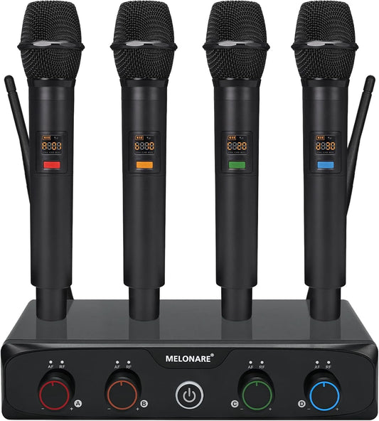 4-Channel Wireless Microphone System, UHF Compact Cordless Mic Set w/ 4x10 Frequencies, 200ft Range, Dynamic Handheld Microphone for Singing, Karaoke, Church, DJ, Wedding (MWM-41-4H)