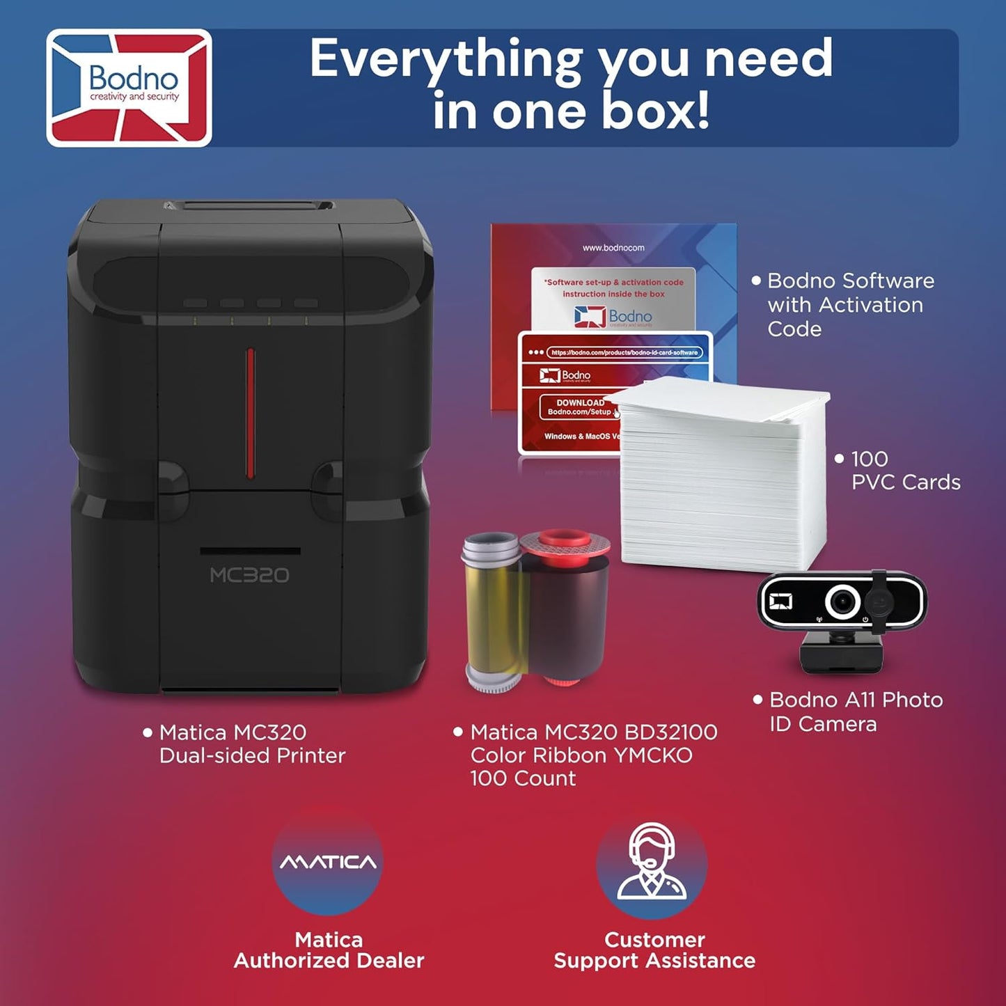Bodno Matica MC320 Direct-to-Card Dual Sided ID Card Printer & Complete Supplies Package Silver Edition ID Software