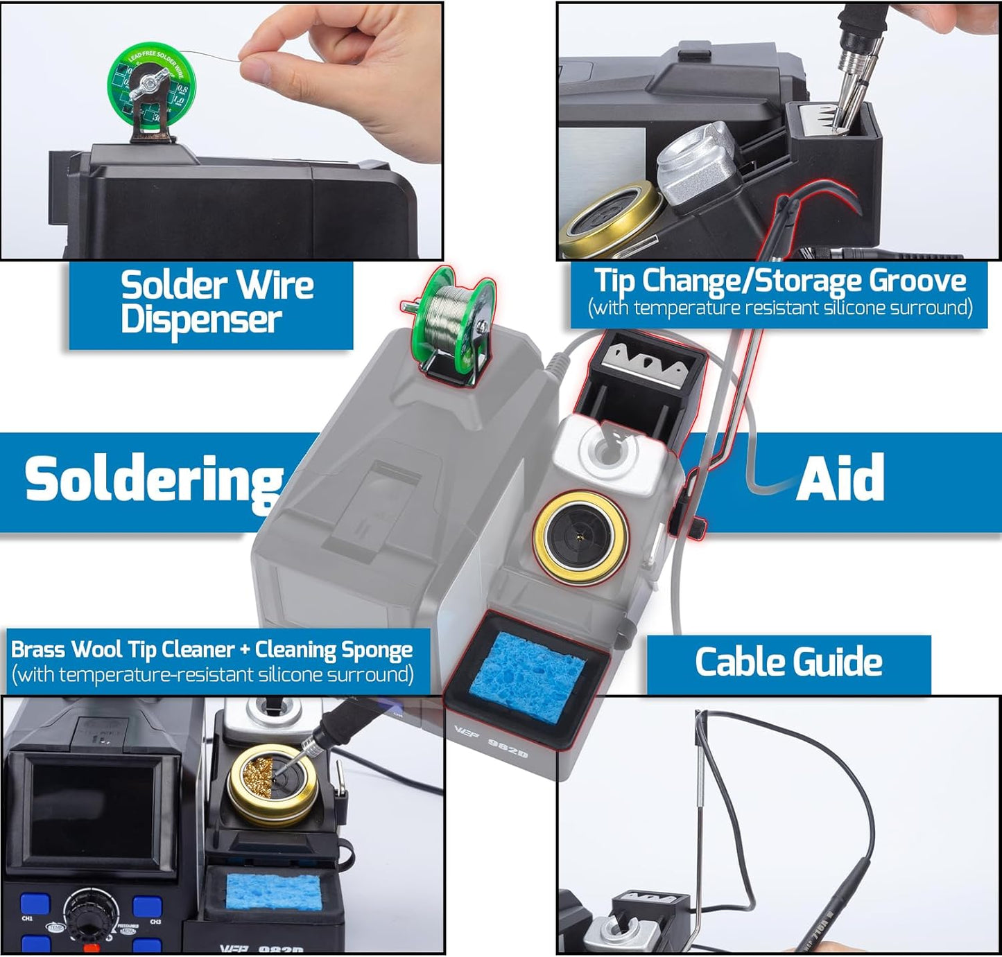 WEP 982D Precision Soldering Station with Automatic Calibration, Tiltable Screen, C245 C210 Compatible Soldering Iron Kit with 2 Spools Lead Free Solder Wire, 6 Soldering Cartridges