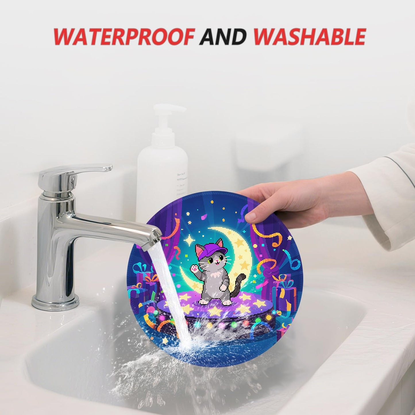 ITNRSIIET Mouse Pad Non-Slip Rubber Base Smooth Surface Stitched Edges Waterproof Durable Compatible with All Mice for Office & Gaming, Desk Accessory, Diameter 8.7 inch, PixelPartyCat