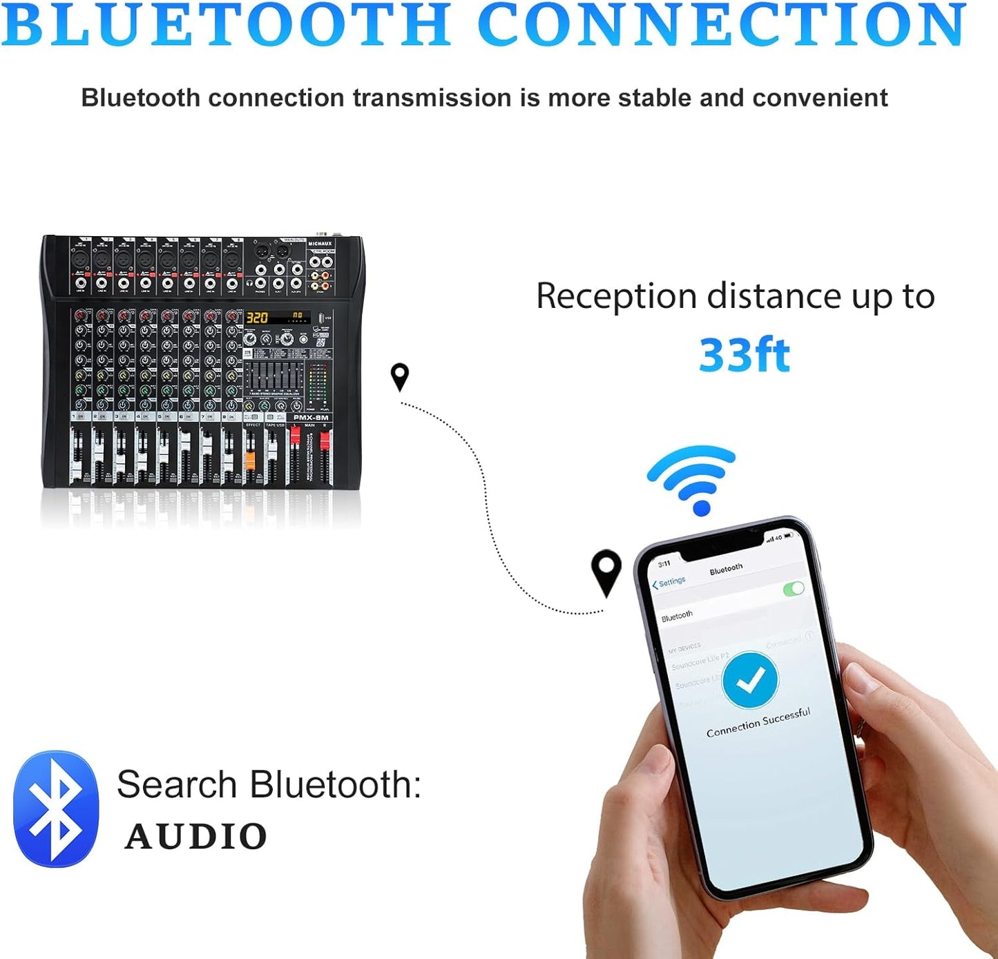 Audio Mixer 8 Channel Professional Mixer Console with 320 DSP Effects, 7-band EQ Sound Mixing Board Digital DJ Mixer w/USB Bluetooth MP3 for Recording, Independent 48V Power & Mute Button