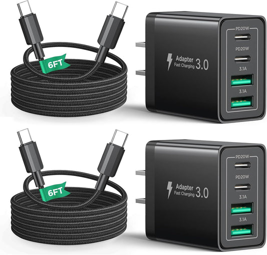 40W USB C Charger Cube, 2Pack 4-Ports Wall Plug Fast Charging Block with 6FT USBC to USBC Cord, Multiport Brick Type C Box Compatible with iPhone 16/15, Samsung S25 S24 S23, iPad, Cellphones Charger