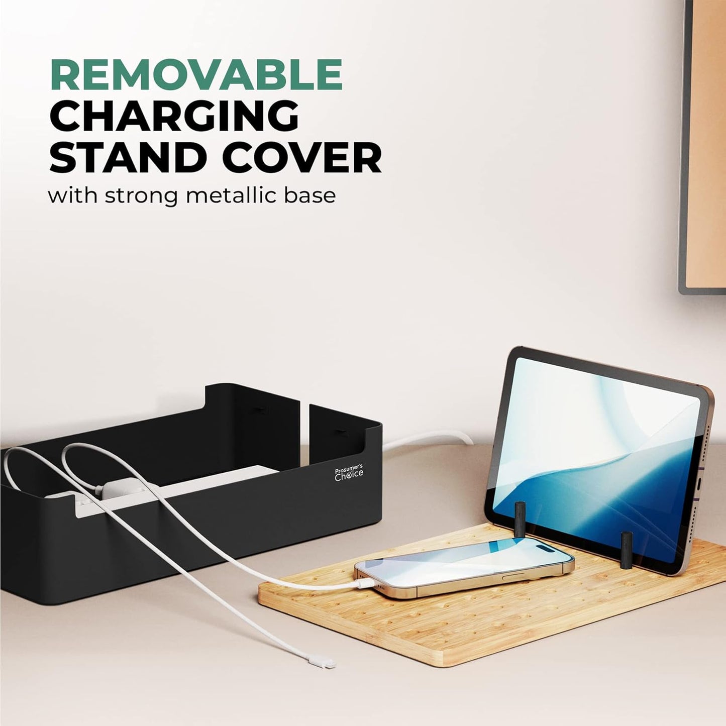 Prosumer's Choice Black Wooden Charging Station Organizer for Multiple Devices - Cable Management Box with 5 Slots and Removable Dividers - Charger Organizer for Phone, Tablet, Home, Office, 12"x6"x7"