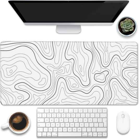 Desk Mat,White Topographic Contour Map Desk Pad,Topographic Contour Large Gaming Mouse Pad for Desk,Extended Big Computer Keyboard Mouse Pad with Non-Slip Base and Stitched Edge,35.4"x15.7"