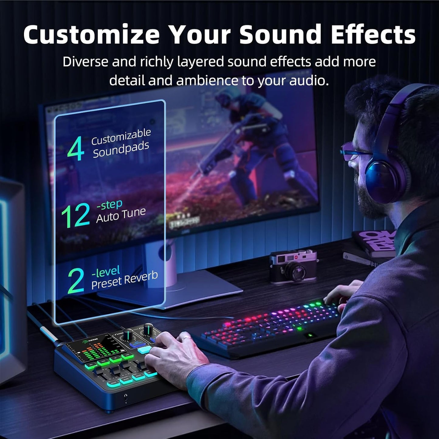 PUPGSIS Gaming Audio Mixer, Audio Interface for PC/Podcast/Streaming, Sound Board with 3.5mm/XLR Mic Input, 48V Phantom Power, Voice Changer, Live Sound Card with DJ Mixer Effects/Bluetooth/4 Channel