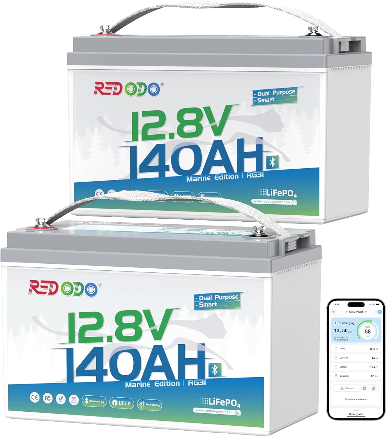 Redodo 12V 140Ah Dual Purpose Lithium Marine Battery, 1000CCA Group 31 Bluetooth Starting Battery with Self Heating, 2 Pack