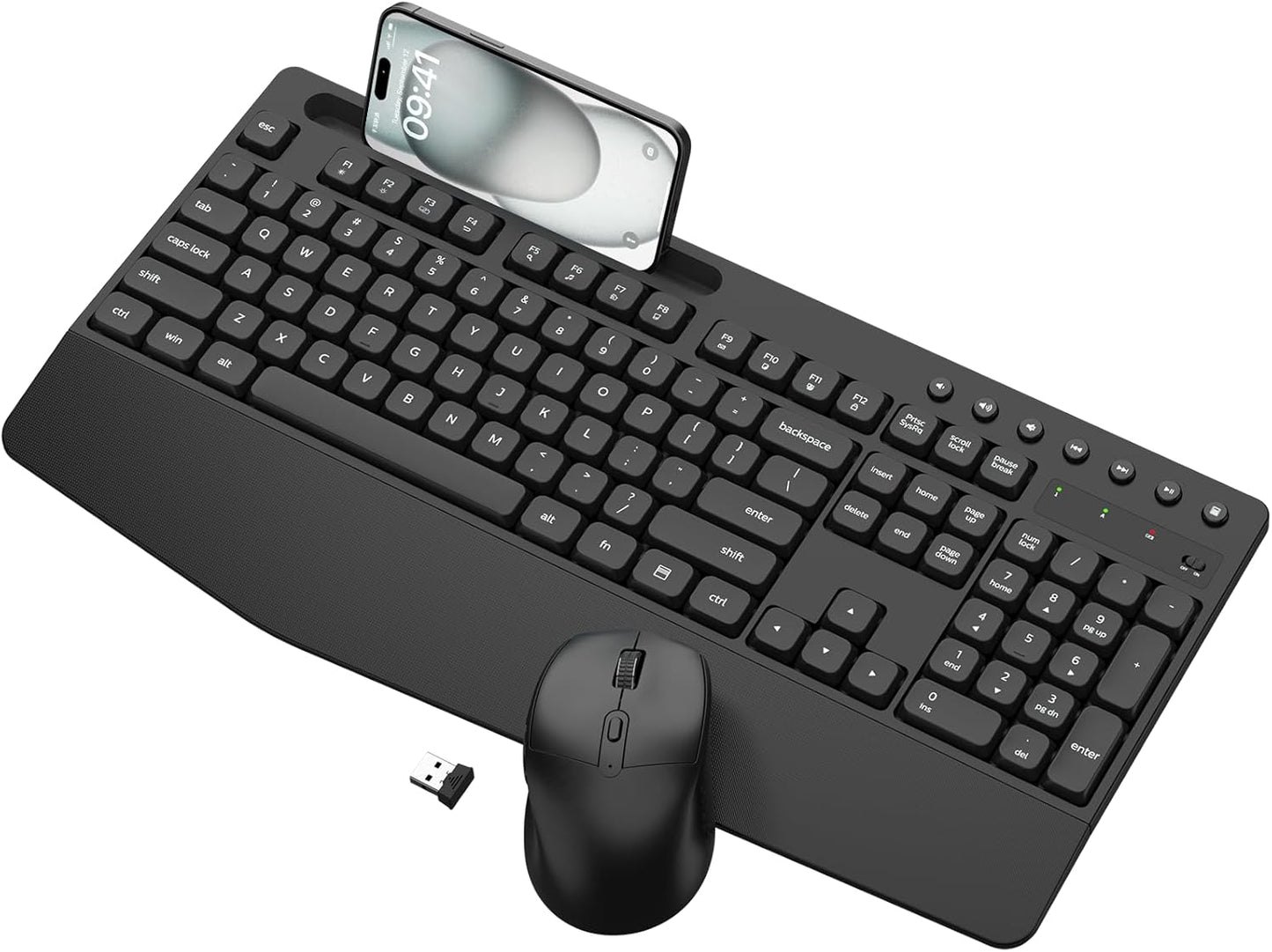 EDJO Wireless Keyboard and Mouse Combo, Full-Size Ergonomic Wireless Computer Keyboard with Wrist Rest, Phone Holder, Sleep Mode, Comfortable Natural Typing Set for Windows, Laptop, Mac, PC
