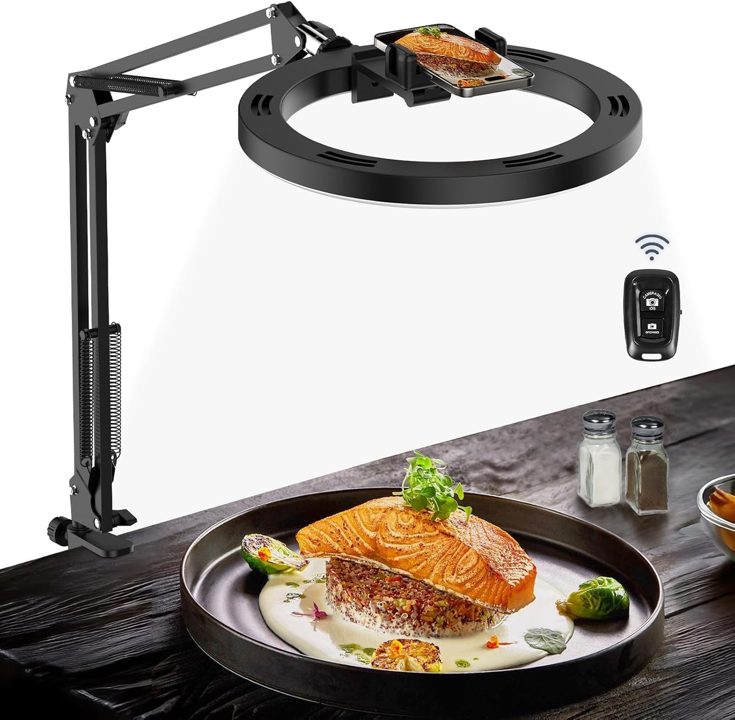 Overhead Camera Mount with Ring Light Phone Holder,10" LED Ring Light for Desk with Stand and Remote for iPhone,Phone Tripod with Light for Video Recording TikTok Live Stream Cooking Kitchen Vlogging