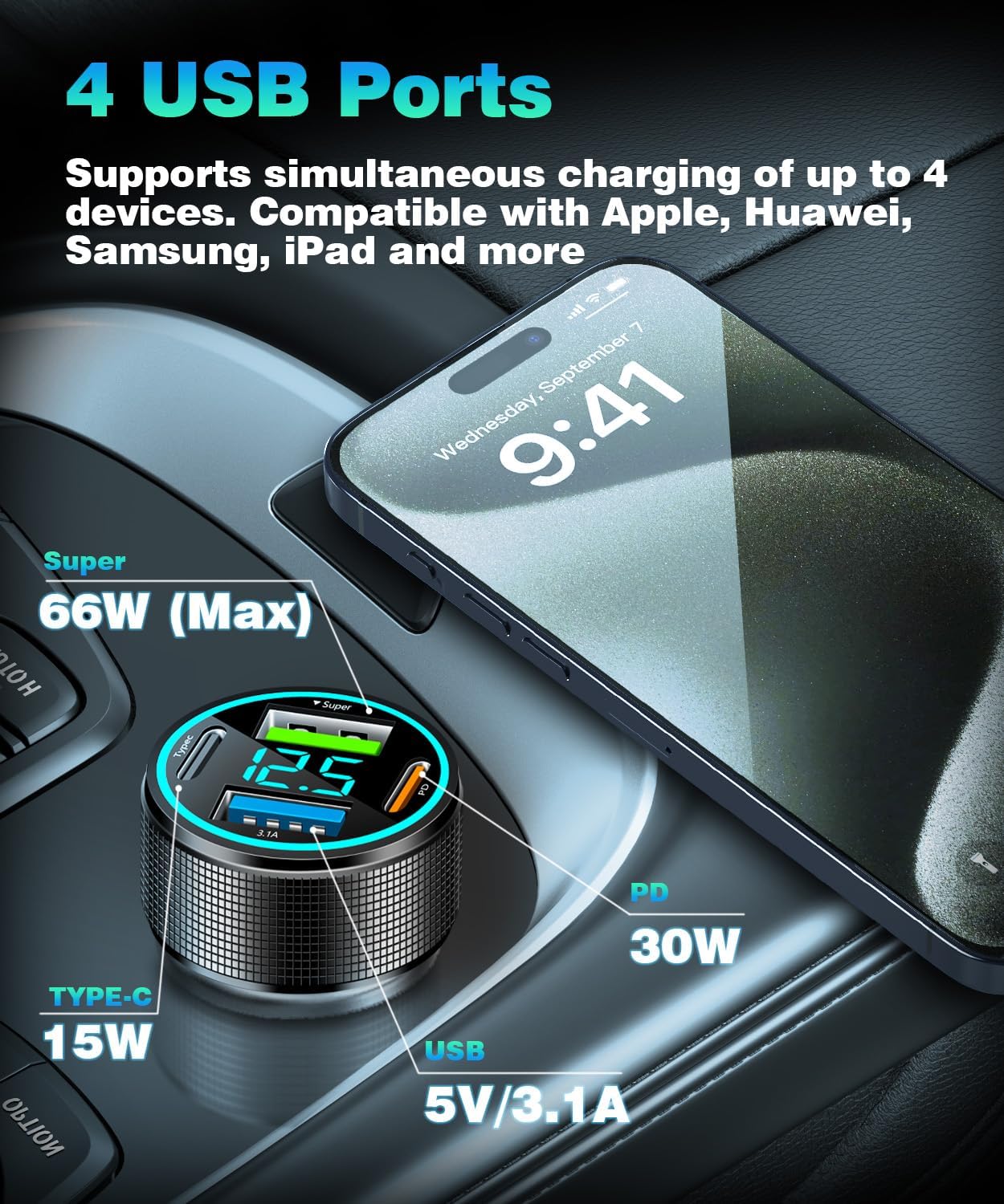 2 Packs of 66W USB C Car Charger 4 Port Car Charger Adapter with 30W PD, 3.1A Aluminium Alloy Car Cigarette Lighter USB Charger with LED Voltmeter Compatible with Phone 15 14 13