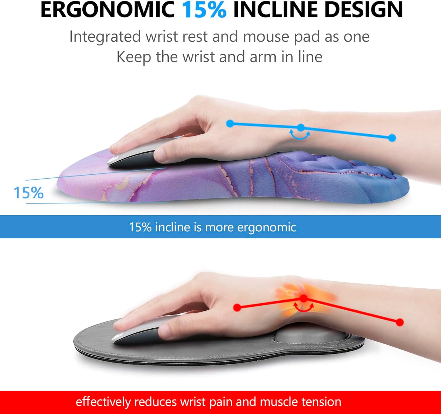 Mouse Pad Wrist Support, Laokiiy 2 in1 Keyboard Wrist Rest+ Ergonomic Mouse Pad, Non-Slip Wrist Rest for Computer Keyboard, Made Easy Typing & Relieve Wrist Pain(Blue Pink Marble)