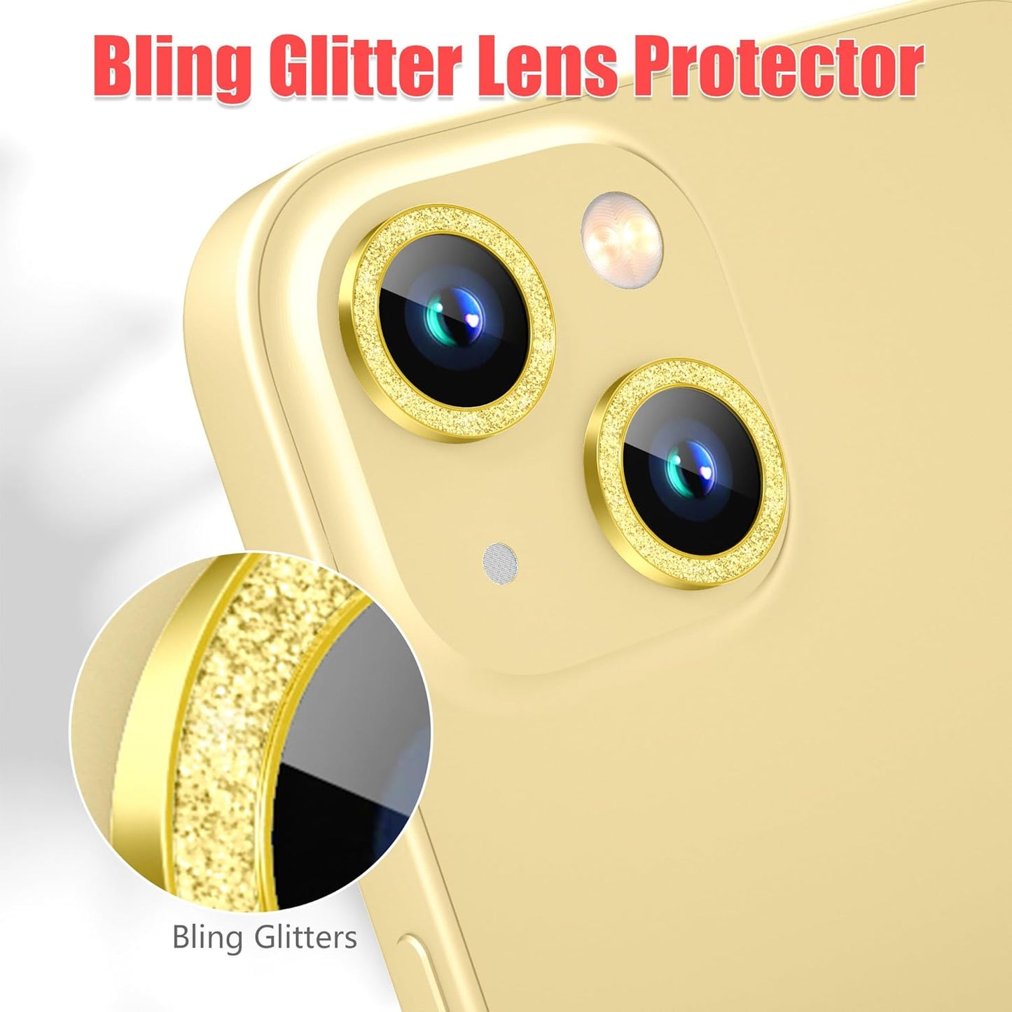 AGVEE 3+3 6 Pack for iPhone 15/15 Plus Camera Lens Protector, Bling Diamond & Bling Glitter Metal Ring 9H Tempered HD Glass Camera Protector Cover Film, Bling-Gold
