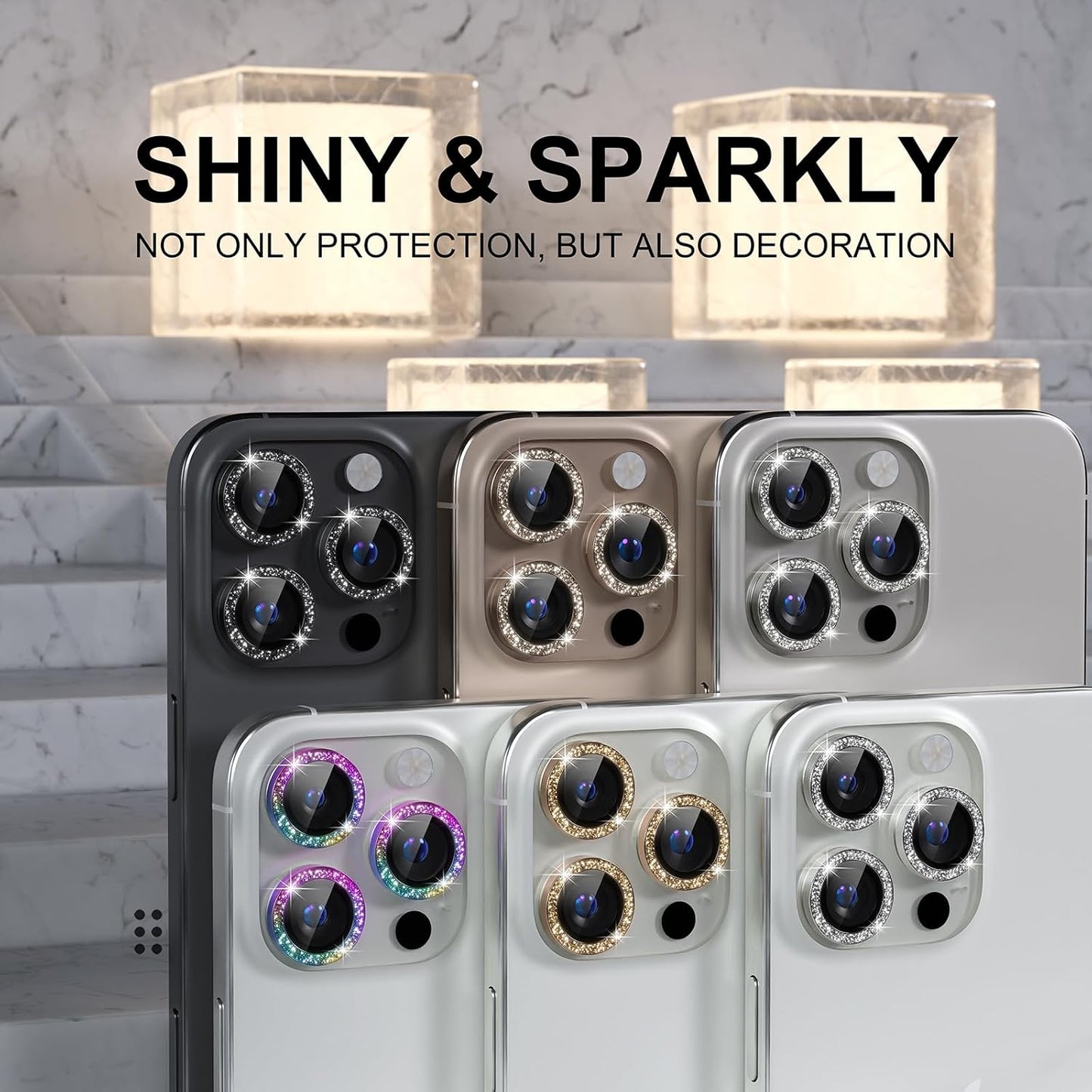 Choiche Compatible for iPhone 16 Pro/iPhone 16 Pro Max Camera Lens Protector Bling, 9H Tempered Glass Camera Cover Screen Protector Metal Ring Decoration Accessories (Glitter-Gold)