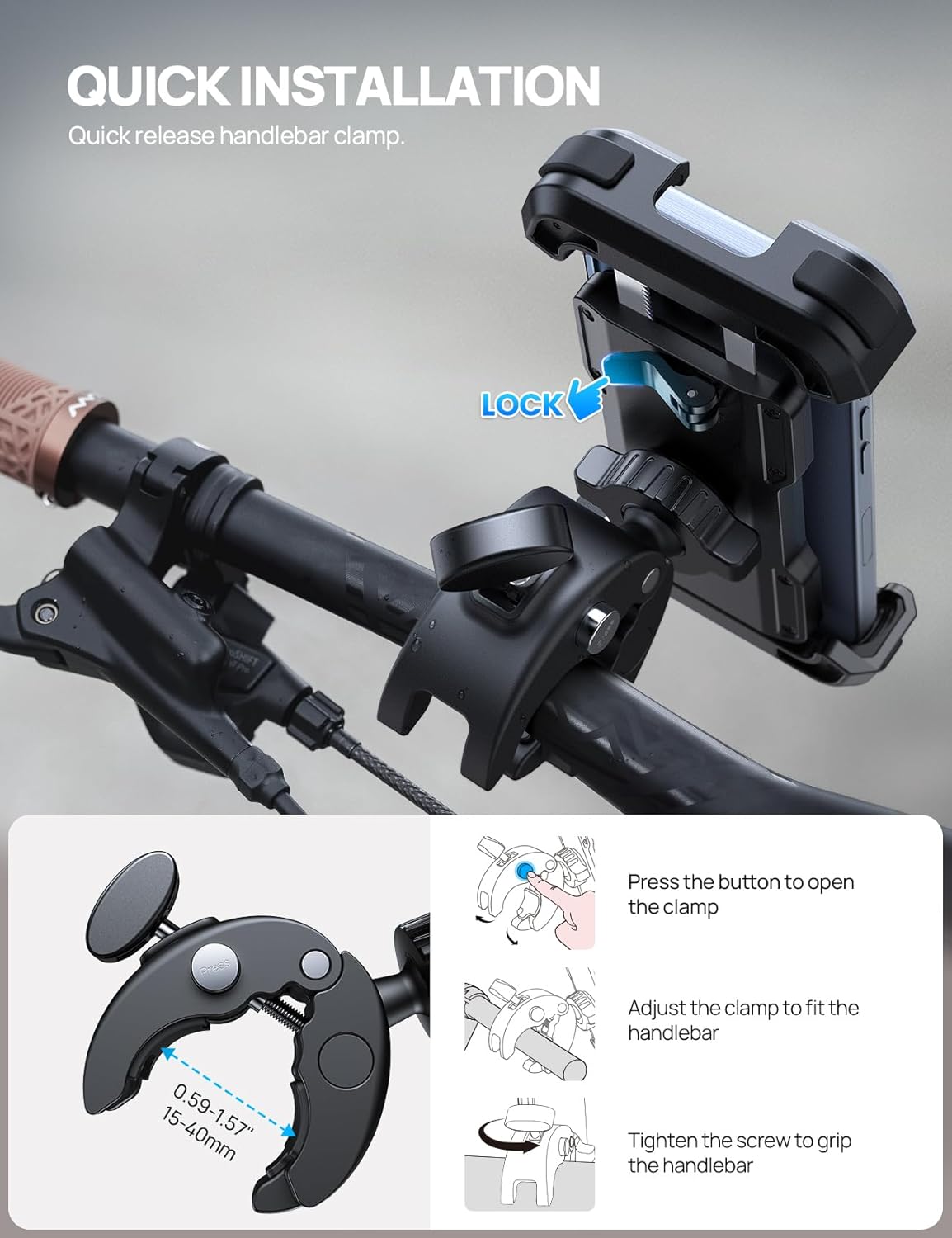 Bike Motorcycle Phone Holder Mount - [2025 Quick Release] Bike Phone Holder Handlebar Clamp, Bicycle Scooter Phone Clip for iPhone 16 15 14 13 12 11 Pro Max Plus Mini, 4.7-6.8" Smartphone