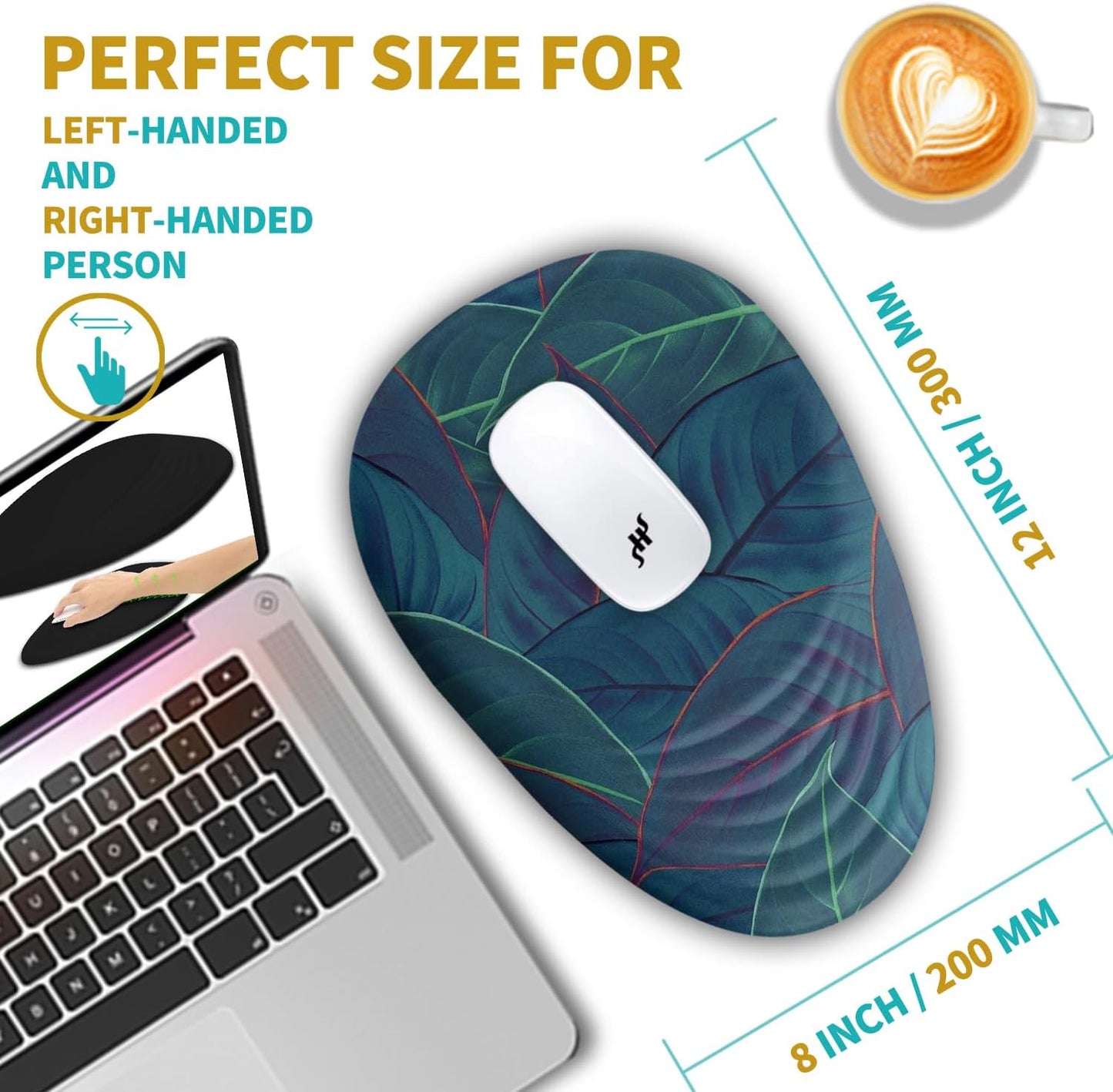 Hokafenle Ergonomic Mouse Pad Wrist Support with Stepped-Wedge Design, Wrist Rest Pain Relief Mousepad Filled with Memory Foam, Carpal Tunnel Mousepad for Wireless Mouse(12x8 inch, Green Leaves)