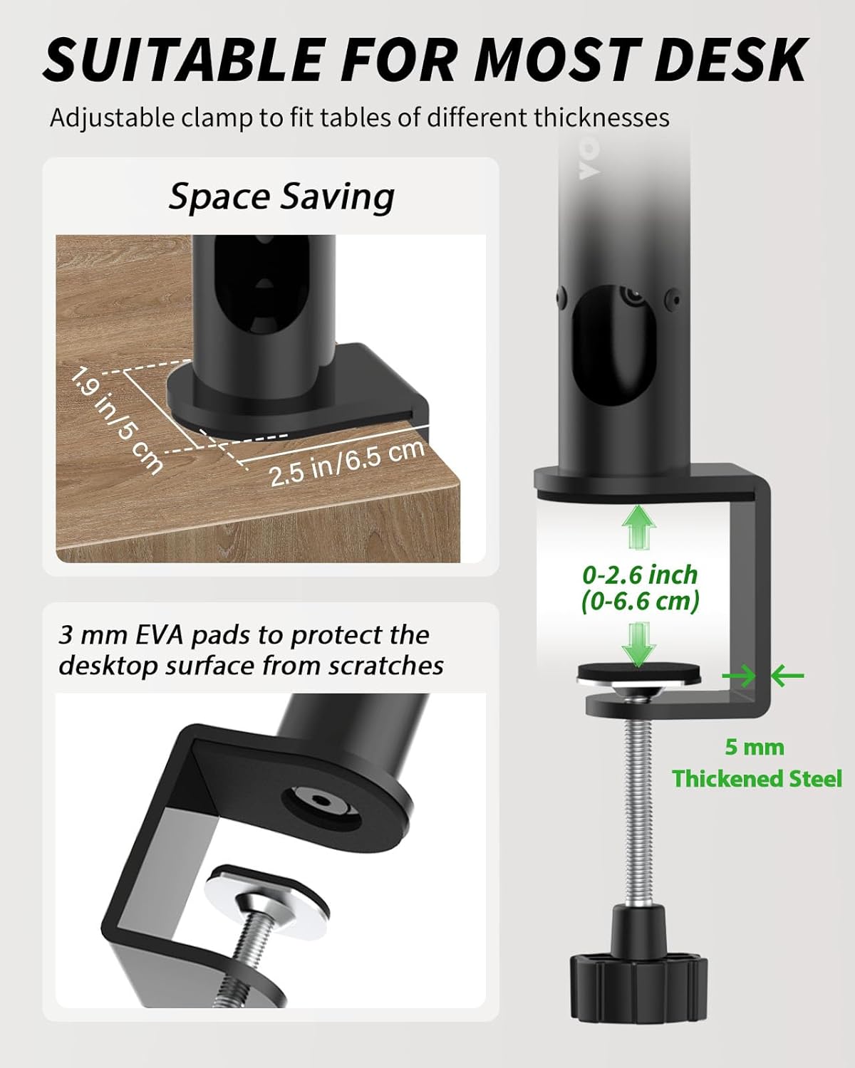 Set of 2 Dual Side Clamping Studio Monitor Stands Desktop Clamp Speaker Stands with Cable Management Extendable Top Plate Mounted by Screws