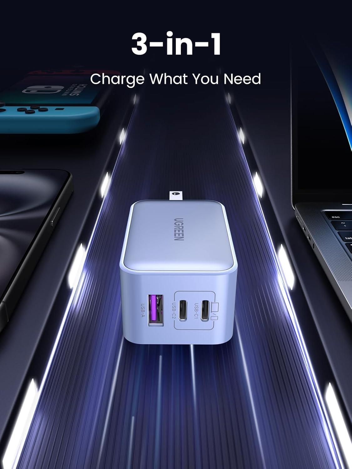 UGREEN 65W USB C Charger Block, Nexode 3-Port GaN Fast Type C Charger, Compact Foldable Power Adapter for MacBook Pro/Air, Dell XPS, iPhone 16/15, iPad Pro, Galaxy S25, (Glacier Blue)