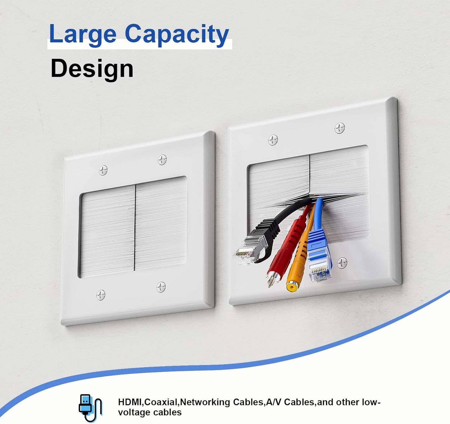 iwillink 2 Gang Brush Wall Plate with Mounting Bracket, Pass Through Wire Hider for Cable Management, Ethernet Cables, HDMI Cables and Home Theater Systems, 2 Pack