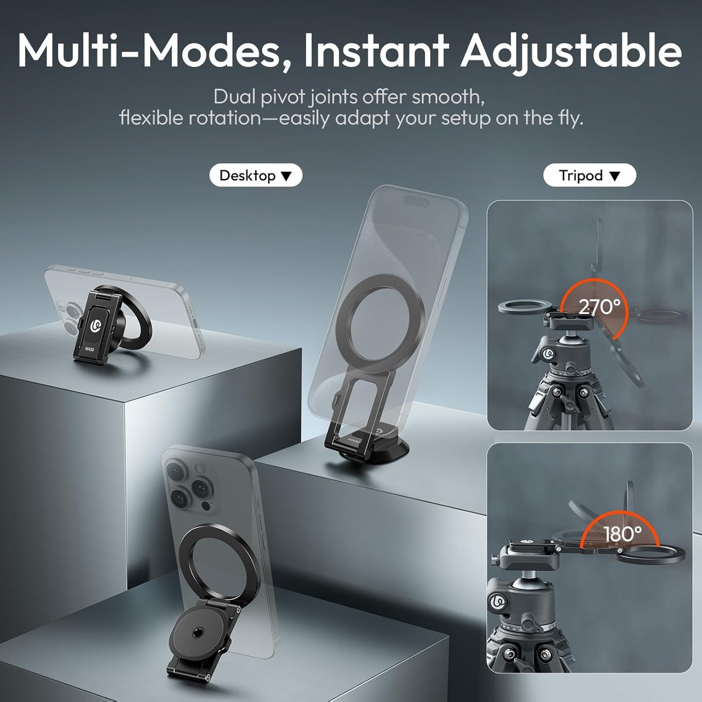 ULANZI MA50 Magnetic Phone Holder for Magsafe, Aluminium Adjustable Dual Magnetic Phone Tripod Stand with 1/4" Screw Hole for Selfie Sticks, Magic Arm, Compatible with iphone12 13 14 15 16 Series