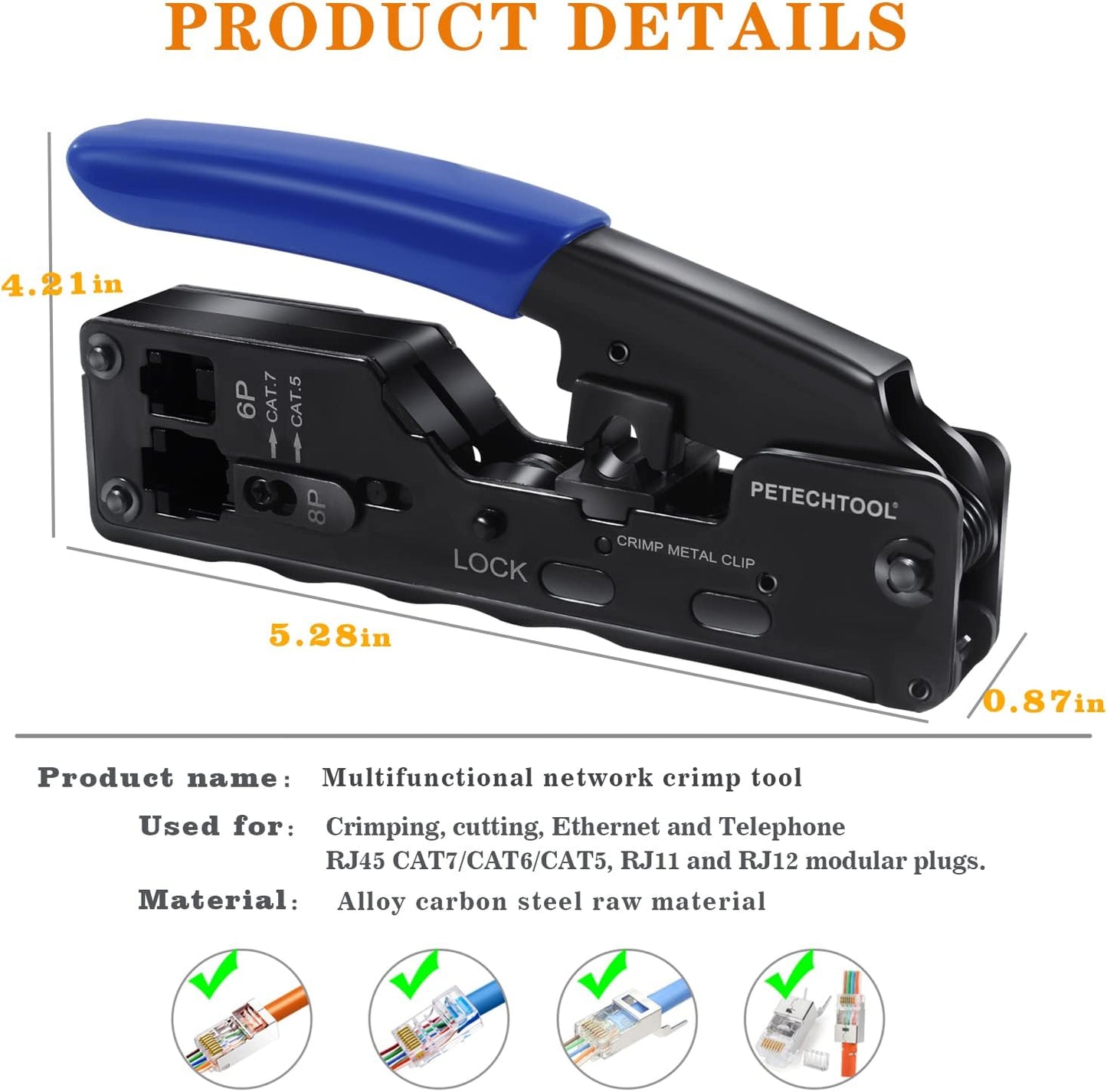 RJ45 Crimp Tool Ethernet Crimping Tool Wire Cutter Crimper For Cat7 Cat6a Cat6 Cat5e Pass Through Connectors
