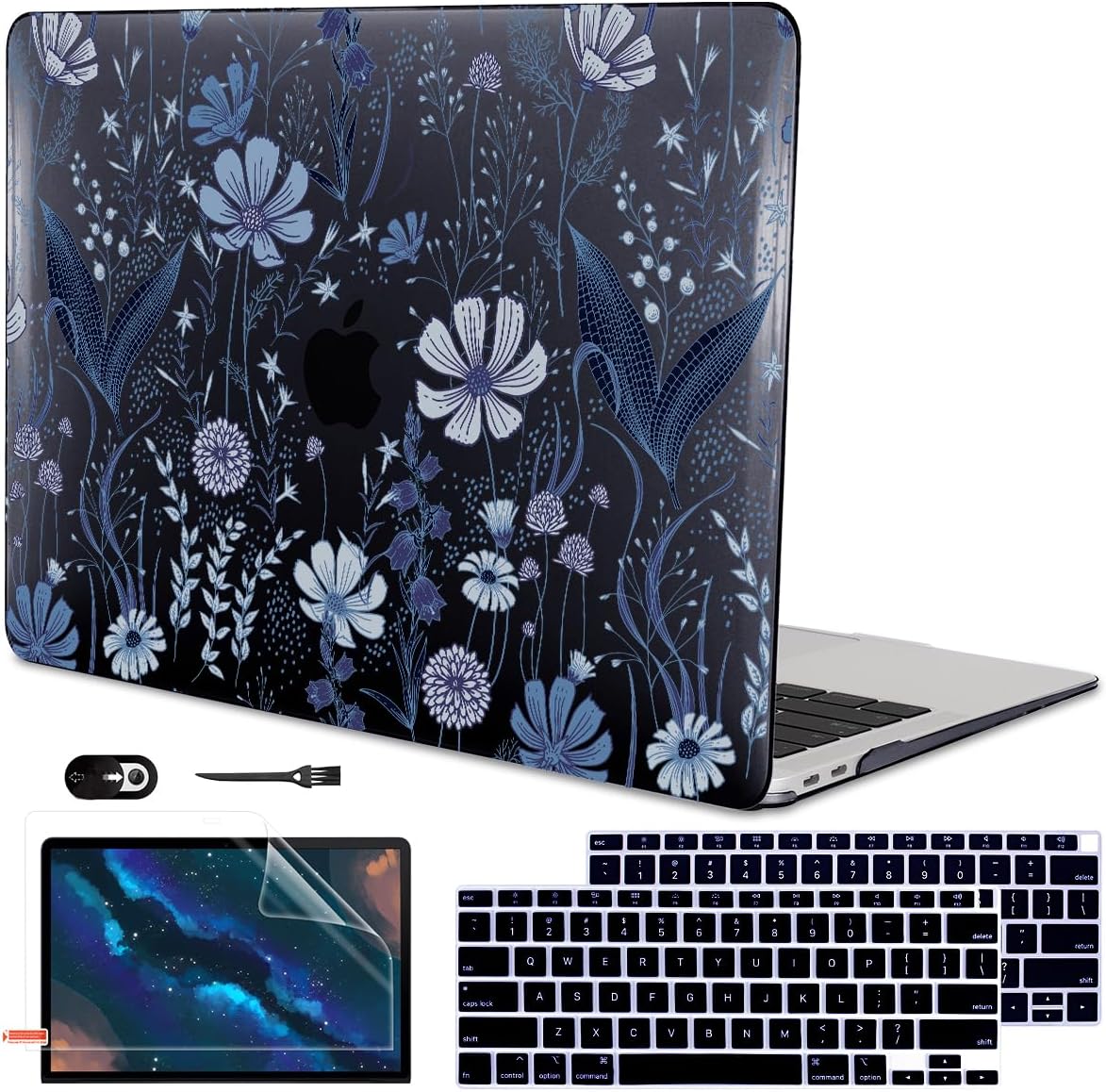 for 2018 2019 2020 2021 MacBook Air 13 Inch Case M1 A2337 A2179 A1932, Pattern Plastic Hard Shell Case Cover for MacBook Air 13.3 M1 with Retina Display & Touch ID, Wild Flowers Black