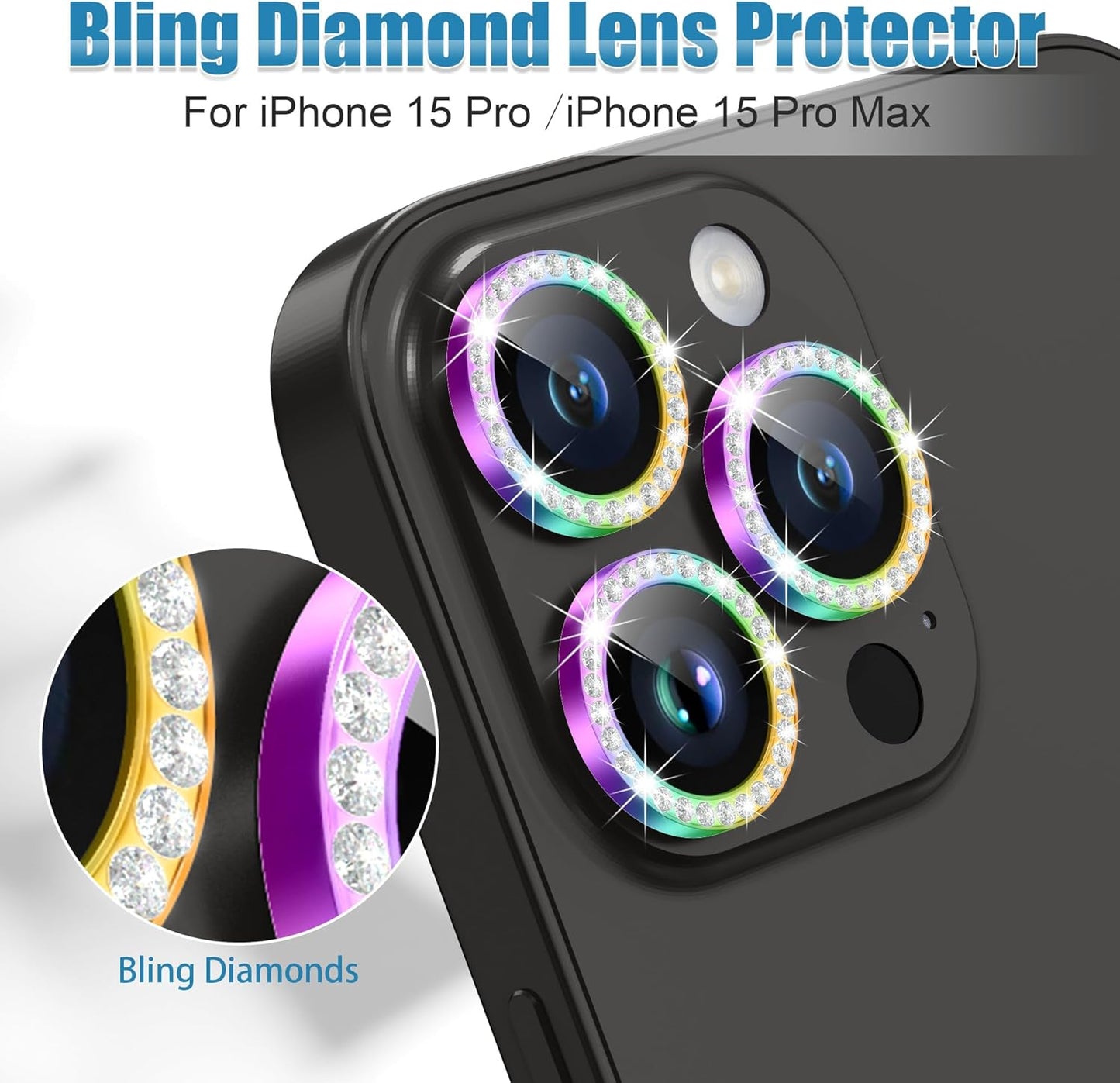 AGVEE 3+3 6 Pack for iPhone 15 Pro 6.1" / 15 Pro Max 6.7" Camera Lens Protector, Bling Diamond & Bling Glitter Metal Ring 9H Tempered HD Glass Camera Protector Cover Film, Bling-Colorful