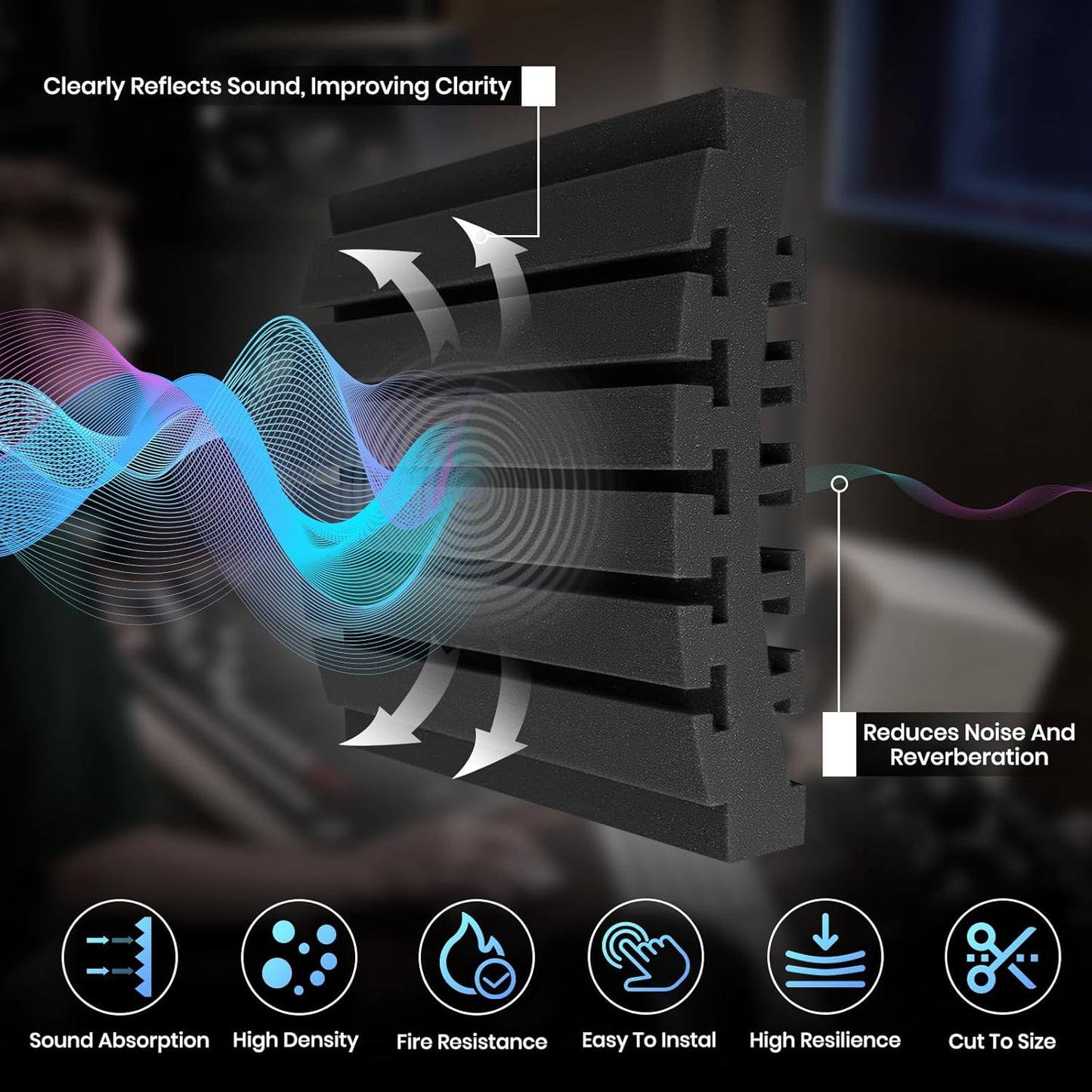 Focusound Sound Proof Foam Panels for Walls 12 Pack – 12x12x3 Inch Acoustic Noise Reducing Wall Panels, Absorbing Soundproofing Foam Dampening Panel Set with 90 PCS Strong Double-Sided Adhesives