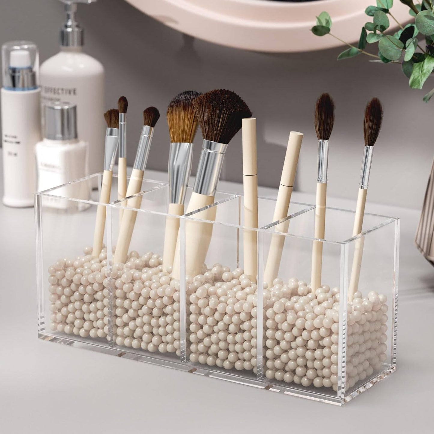 NIUBEE Acrylic Pen Holder 4 Compartments, Clear Pencil Organizer Cup for Countertop Desk Accessory Storage