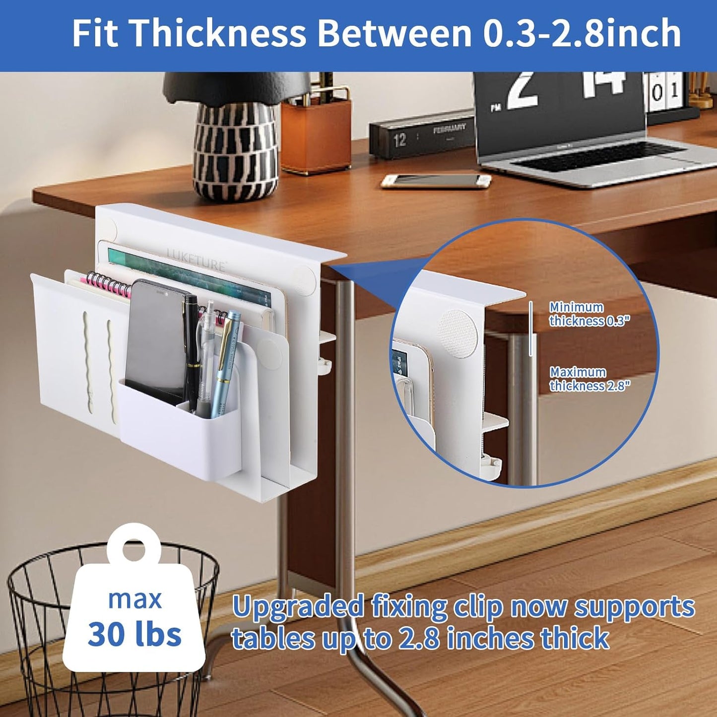 LUKETURE Laptop Holder, Steel Desk Side Storage, No Drill Standing Desk Accessories, Clamp on Laptop Mount with Pen Holder, Fits Flat Edge Tables 0.3" to 2.8" (White, L(2 Tier))