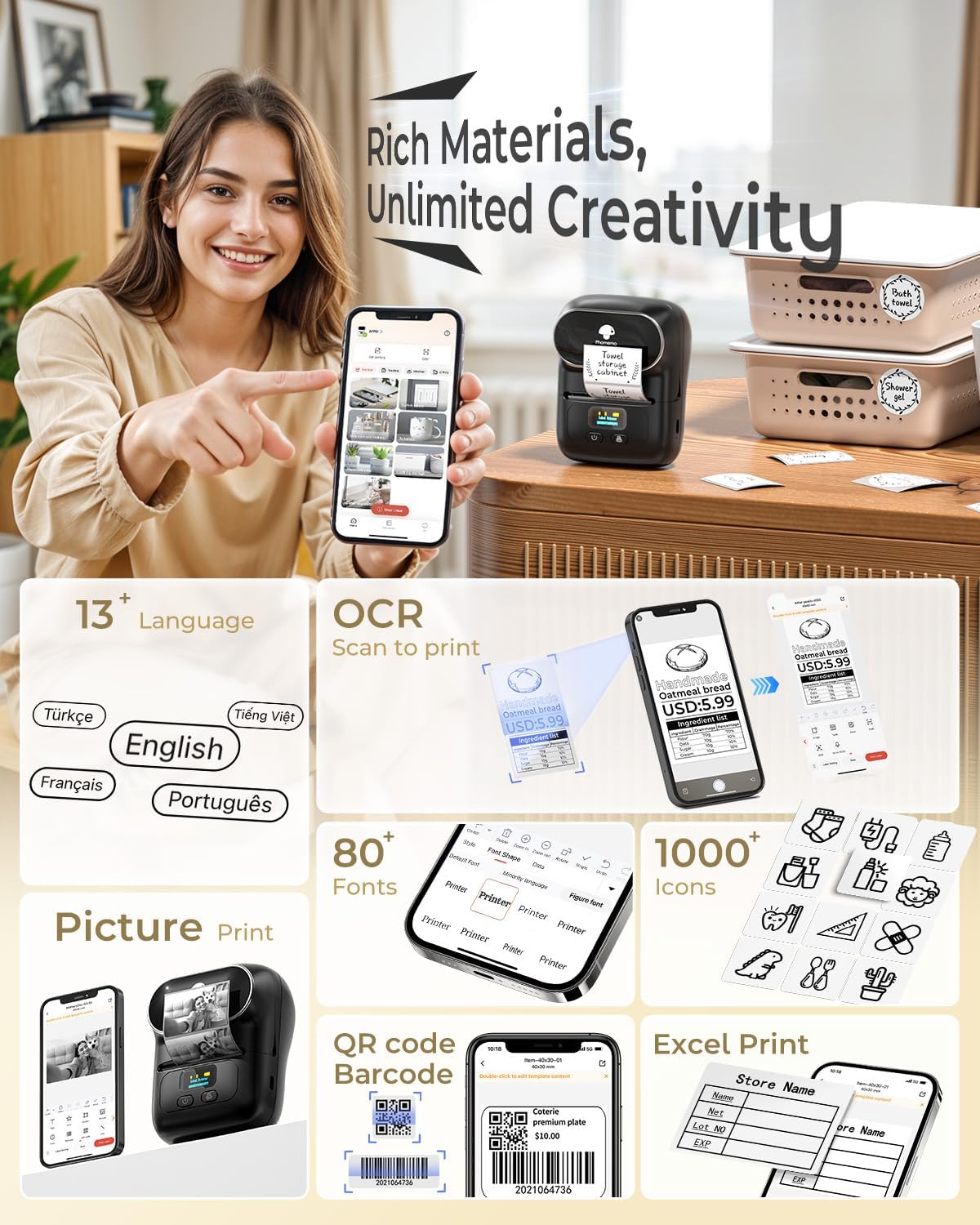 Phomemo M110 Label Maker - Label Maker Machine with Tape Portable Bluetooth Barcode Label Printer for Small Business, Address, Logo, Clothing, Mailing, with 40x30mm Label, Black