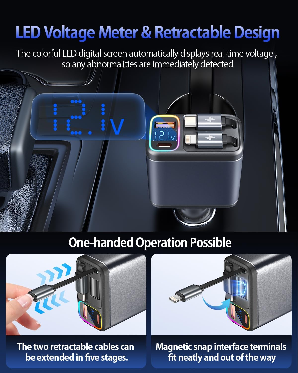 247W Retractable Car Charger with Voltage Monitor&Multicolored Light,5 in 1 USB C Car Charger with 2 Retractable Cable for iPhone 16 15 Pro Max Plus,Laptop,MacBook Air/Pro,Samsung Galaxy S25 S24,iPad