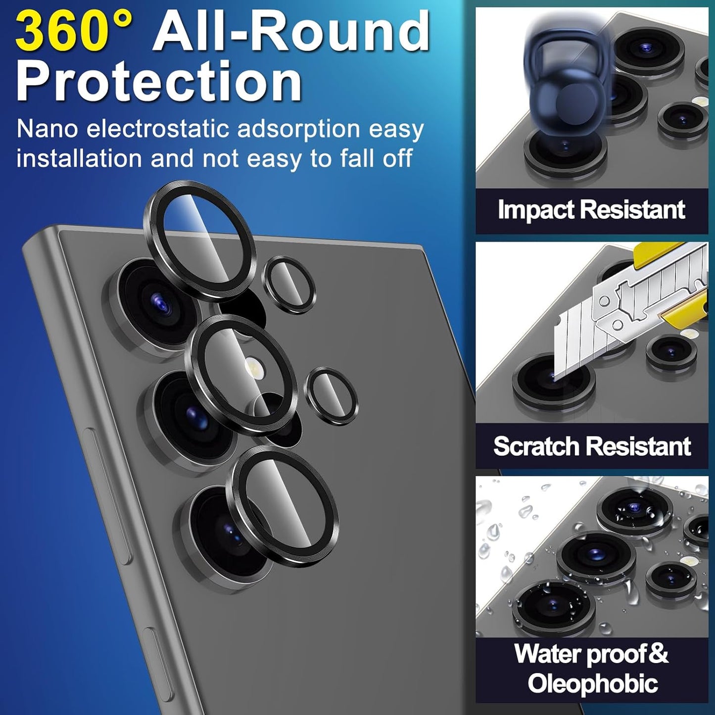 for Samsung Galaxy S23 Ultra Camera Lens Protector, Individual Metal Ring Tempered Glass Lens Cover, [Strong Adsorption] Scratch Resistant Ultra-Thin HD Clear Lens Cover, 1 Set-Black