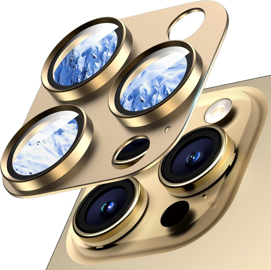 Camera Lens Protector for iPhone 16 Pro Max/16 Pro/15 Pro Max/15 Pro/14 Pro Max/14 Pro, Aluminum Alloy Sapphire Glass Camera Screen Cover, Case Friendly- Gold