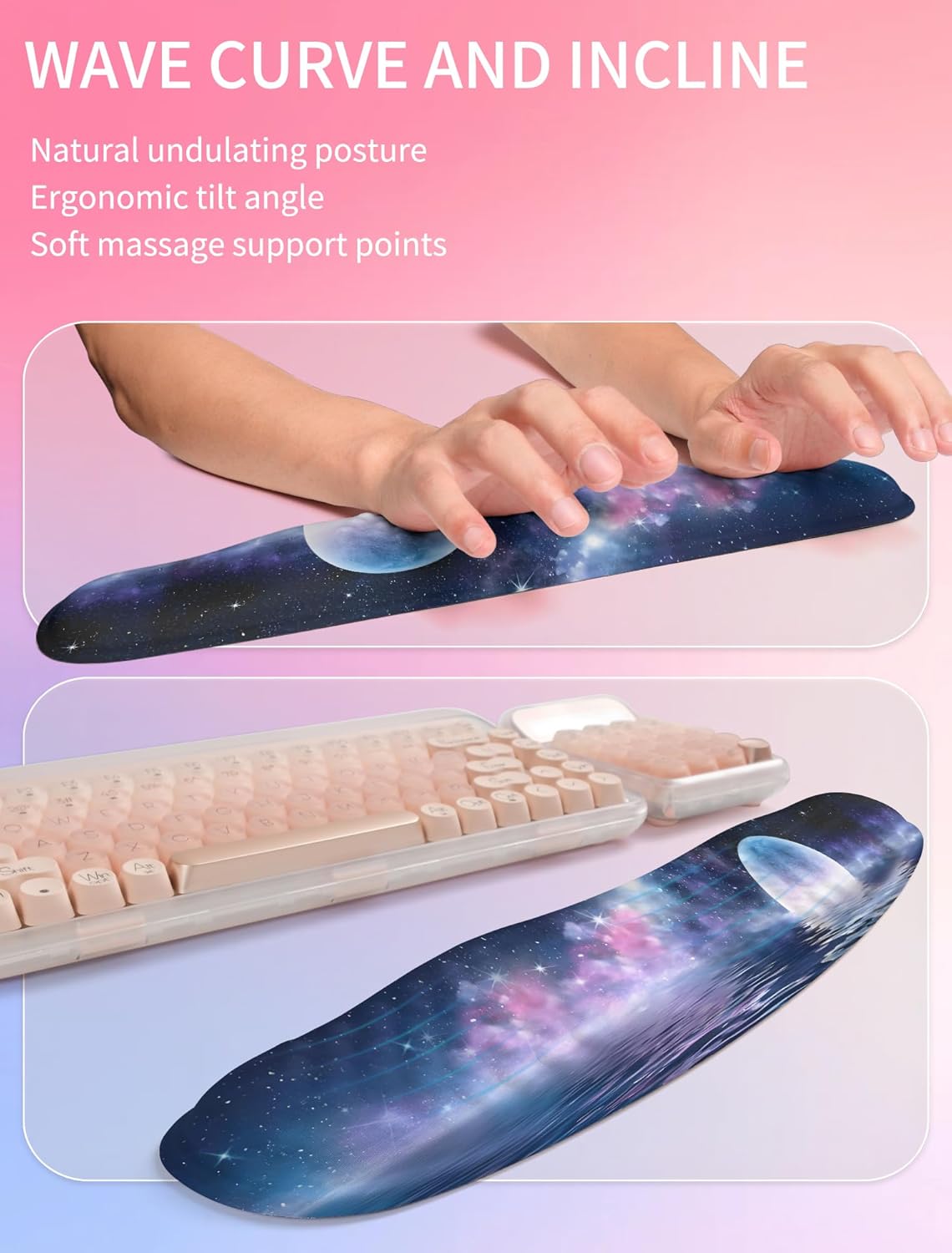Hokafenle 2in1 Combination, Wave Keyboard Wrist Rest and Ergonomic Curvature Mouse Pad Wrist Support for Relieve Wrist Pain, Filled with Soft Cushion Memory Foam, Moonlit Starry Sea
