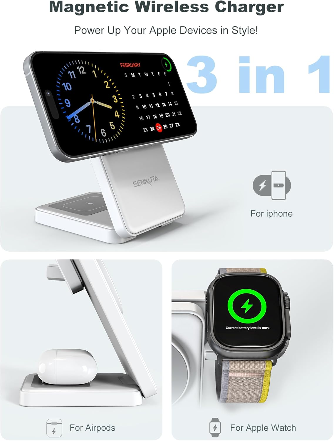 2025 Upgraded Wireless Charger for Apple: 3 in 1 Charging Station Foldable Fast for Apple iPhone 16/15/14/13/12 Max Plus Series - Portable Travel Charger for Apple Watch/Airpods Pro (White)