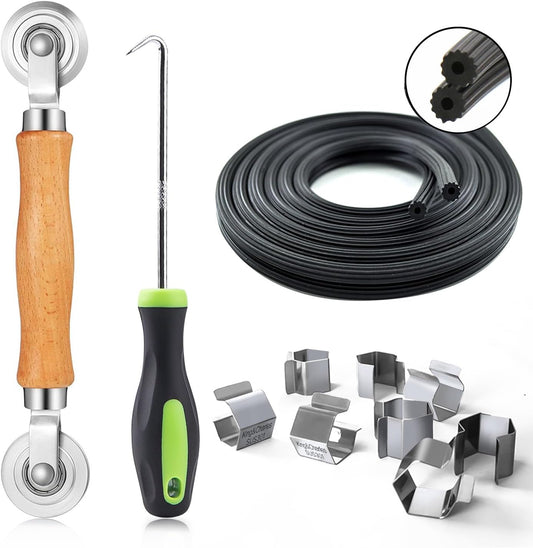 Screen Repair Kit, King&Charles 4 in 1 Screen Roller Tools with Bearing & Removal Hook & Clips(8 pcs) & Spline(32 ft) and User Manual, for Install/Replace Door Window Mesh