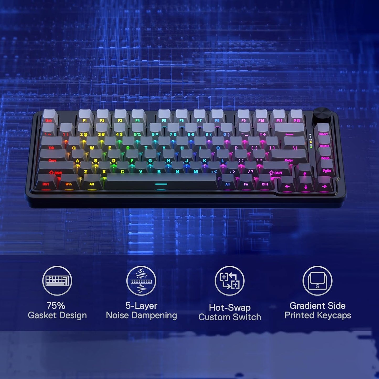 Redragon K673 GB 75% Wireless Gasket RGB Gaming Keyboard, 3-Modes 81 Keys PBT Compact Mechanical Keyboard w/Hot-Swap Socket, Dedicated Knob Control & 5-Layer Noise Dampening, Custom Linear Switch