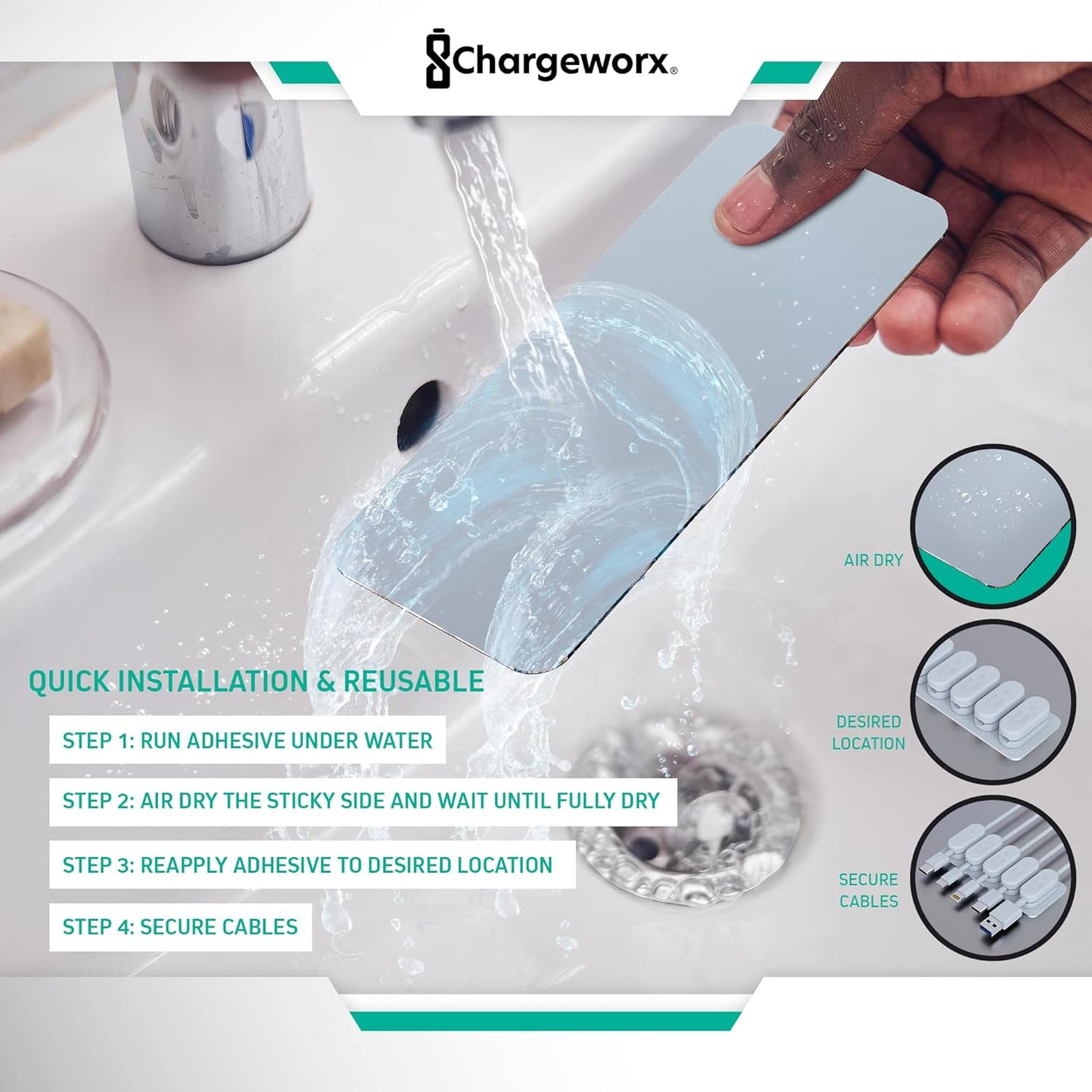 Magnetic Cable Clips [5-Pack] – Chargeworx Cord Organizer for Desk, Nightstand, Car, Wall – Strong Adhesive Wire Holder for USB-C, Lightning, Micro-USB – Tangle-Free, Snap-On, Easy Cable Management