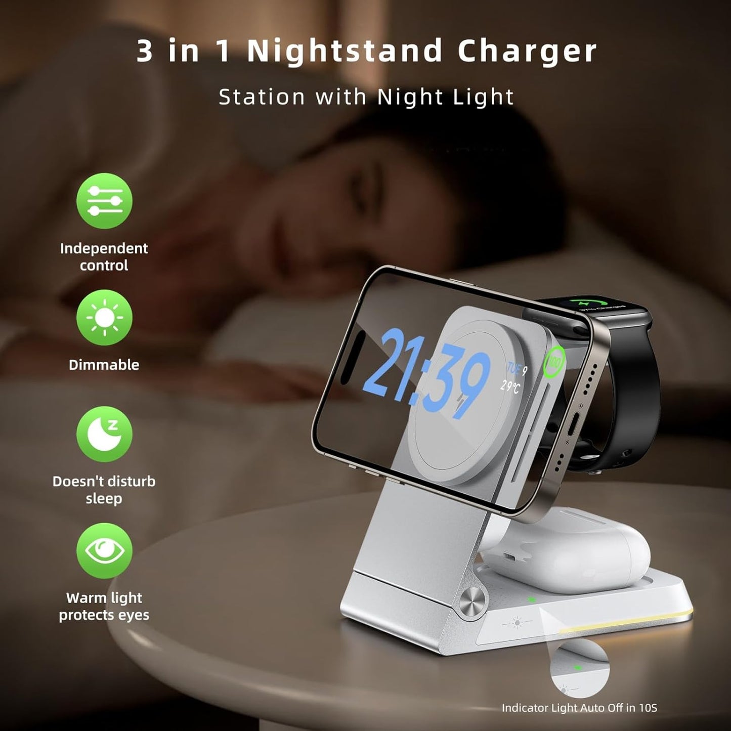 Aluminum 3 in 1 Wireless Charging Station,Foldable Wireless Charger for Apple Magsafe with Light,Portable Travel Magnetic Charger Stand for iPhone 16/15/14,Watch,Airpod, Include PD 20W Adapter & Case