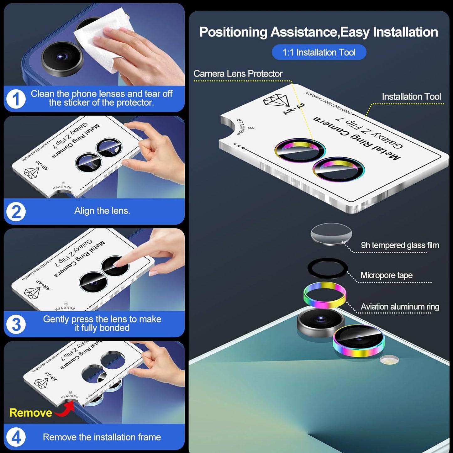 for Samsung Galaxy Z Flip 7 Camera Lens Protector, Individual Metal Ring Tempered Glass Lens Cover, [Strong Adsorption] Scratch Resistant Ultra-Thin HD Clear Lens Cover, 1 Set-Colorful Ring