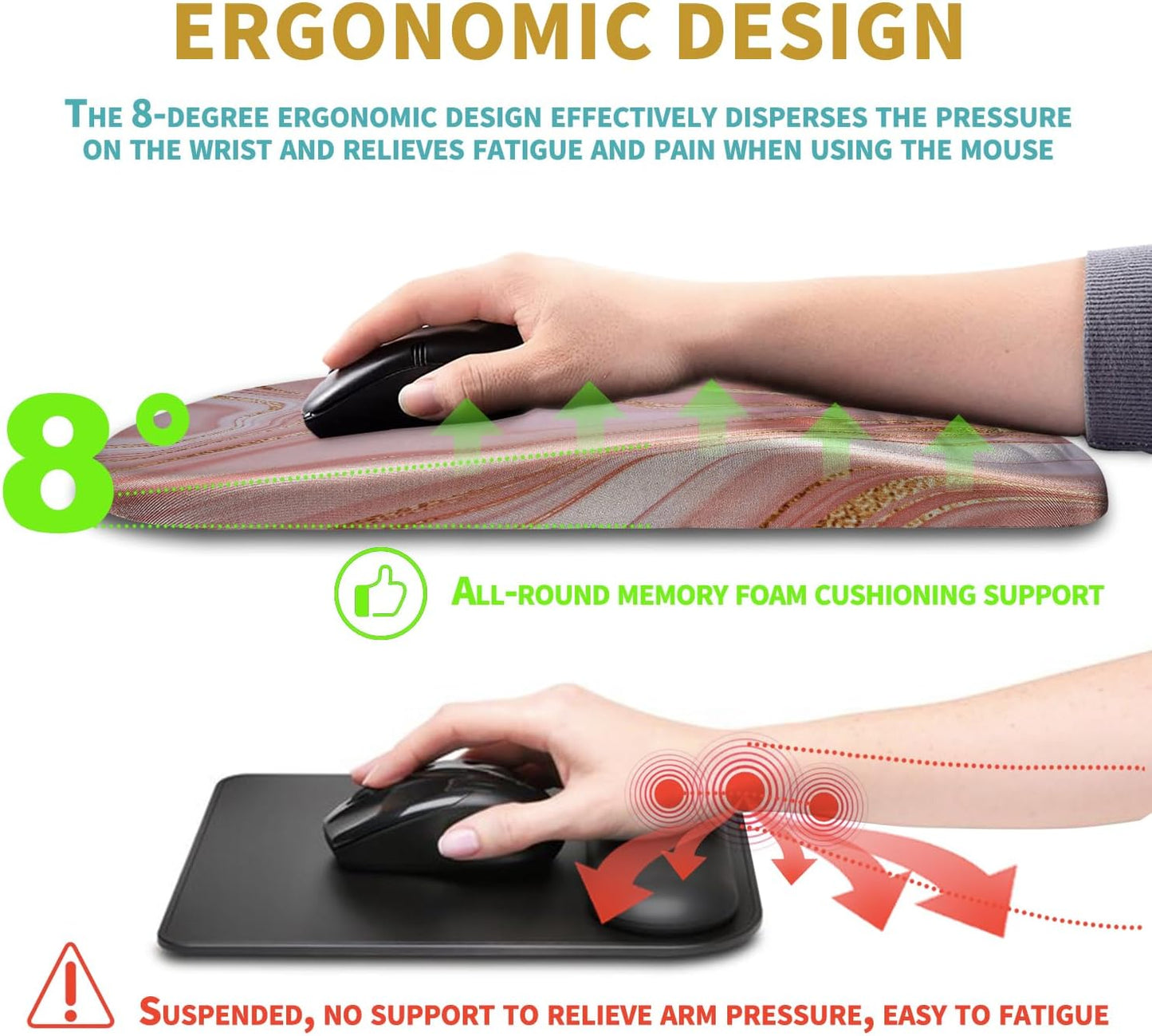 Hokafenle Ergonomic Mouse Pad Wrist Support with Massage Design, Wrist Rest Pain Relief Mousepad with Memory Foam&Non-Slip PU Base, Mouse Pads for Wireless Mouse & Desk (12x8 inch,Pink Gold Marble)