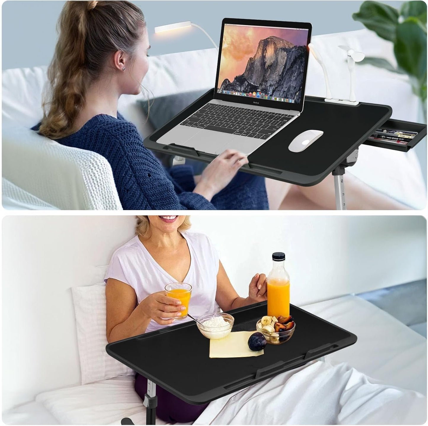 Laptop Lap Desk Include Cooling Fan,Adjustable Lap Desk with Light Fan,Folding Laptop Desk for Bed with USB,Bed Desk with Storage Drawer 60 * 40cm,Black
