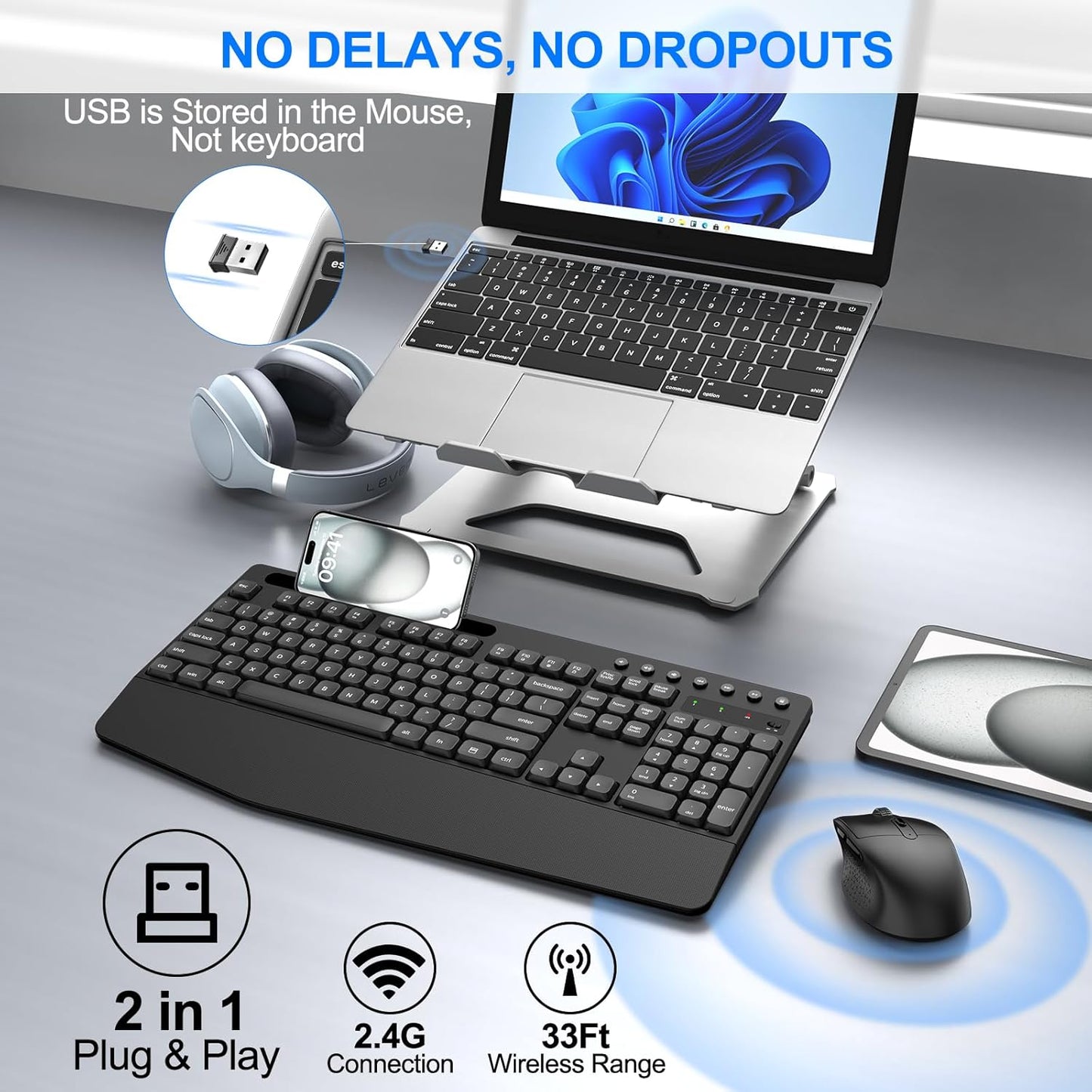 EDJO Wireless Keyboard and Mouse Combo, Full-Size Ergonomic Wireless Computer Keyboard with Wrist Rest, Phone Holder, Sleep Mode, Comfortable Natural Typing Set for Windows, Laptop, Mac, PC