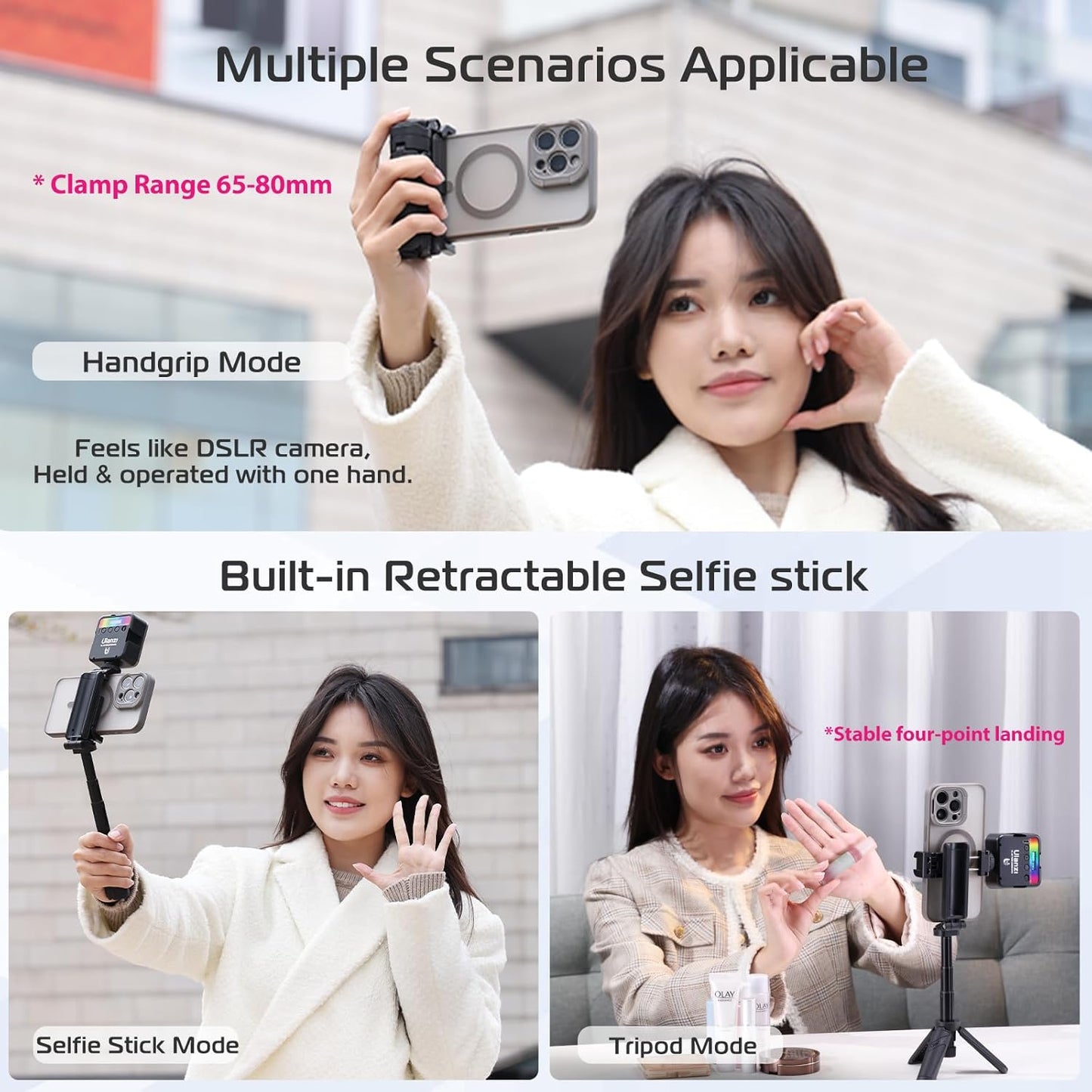 ULANZI JJ02 Selfie Stick Tripod, Extendable Grip Phone Tripod with Detachable Remote Pocket Size, 3-in-1 Mini Phone Grip 2 Cold Shoe, 10m/393.7'' Wireless Shutter, Vlog Livestreaming Photography