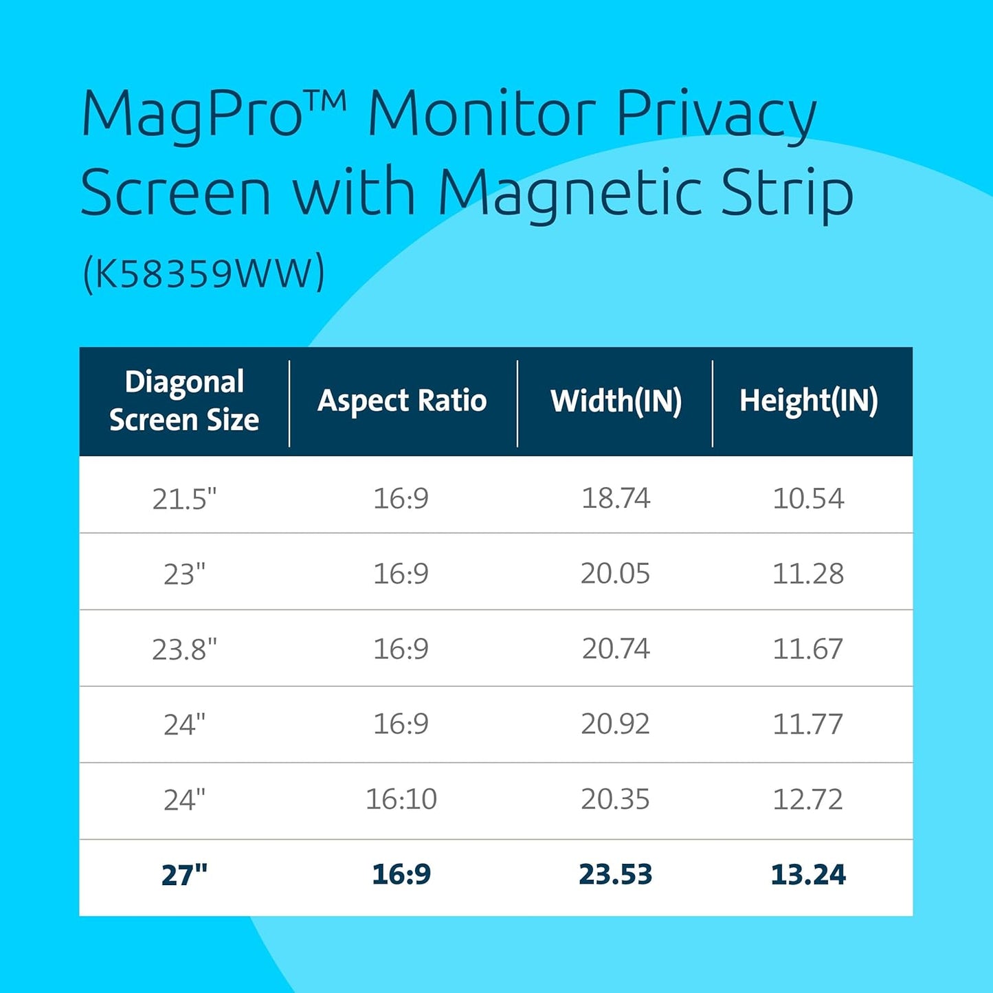 Kensington MagPro 27 Inch Magnetic Computer Privacy Screen for Desktop, Removable 16:9 Computer Privacy Filter, Anti-Glare Blue Ray Reduction, Compatible with Slim Bezel Monitors, K55419WW